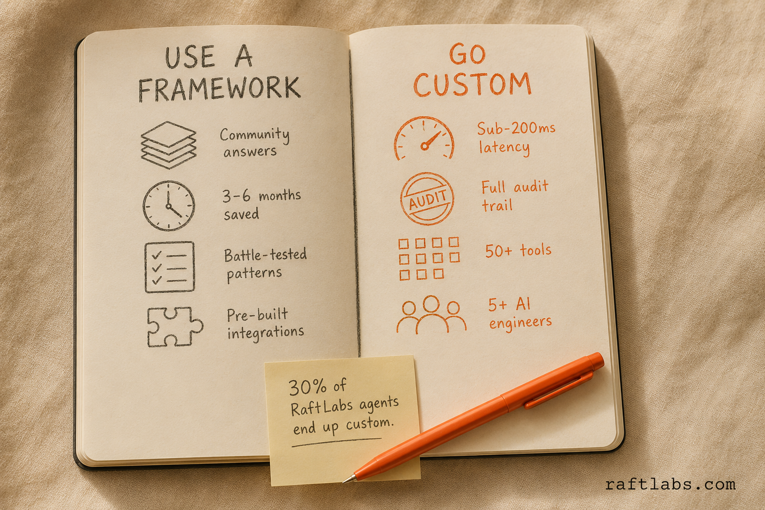 Before/after notebook comparison: left column 'Use a Framework' showing community support, 3-6 months saved, battle-tested patterns, and pre-built integrations; right column 'Go Custom' in orange highlighting sub-200ms latency, full audit trail, 50+ tools, and 5+ AI engineers