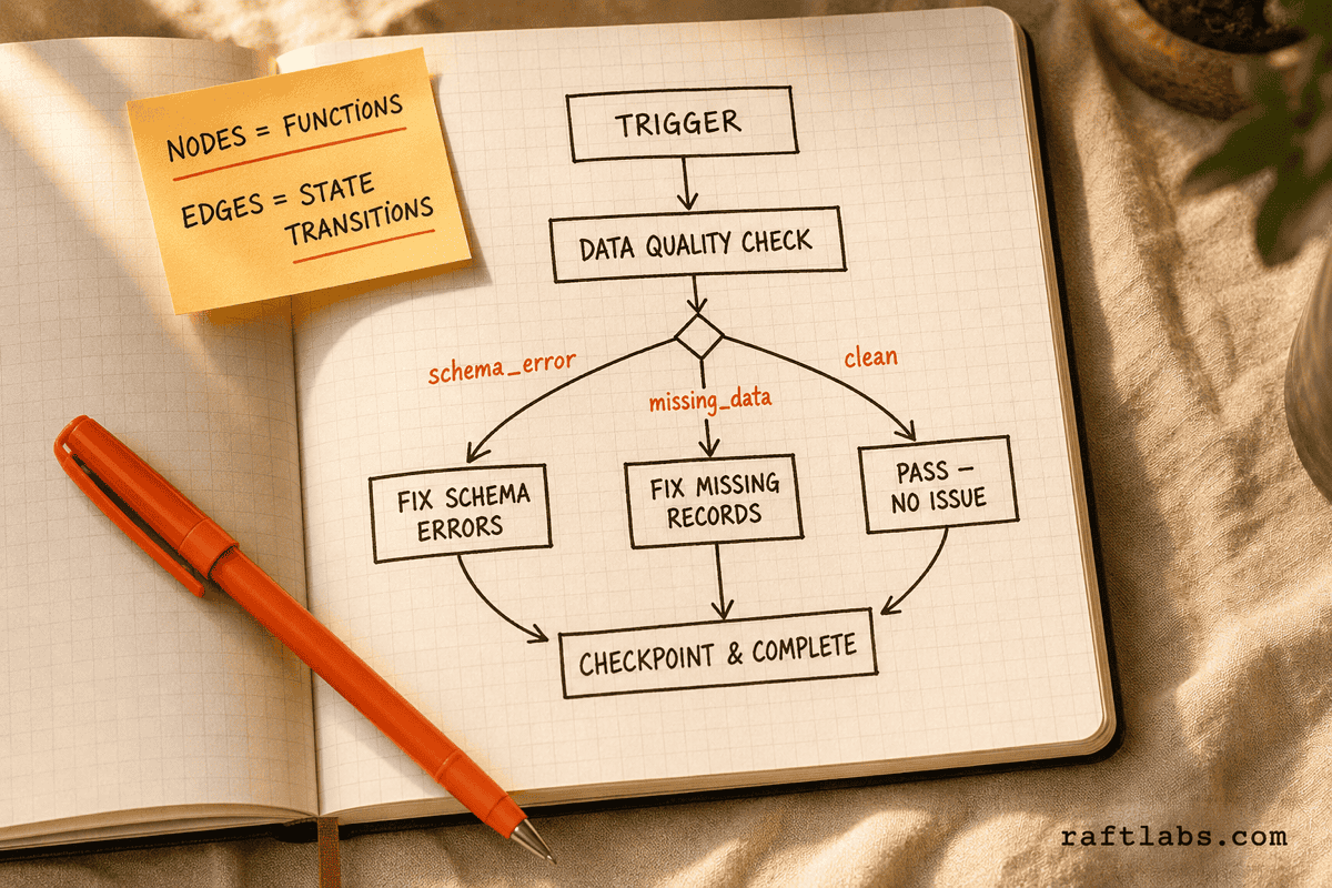 Hand-drawn notebook sketch of a LangGraph directed graph: Trigger node flows to Data Quality Check, which branches via conditional edges labeled schema_error, missing_data, and clean to three separate nodes, all reconverging at a Checkpoint node at the bottom