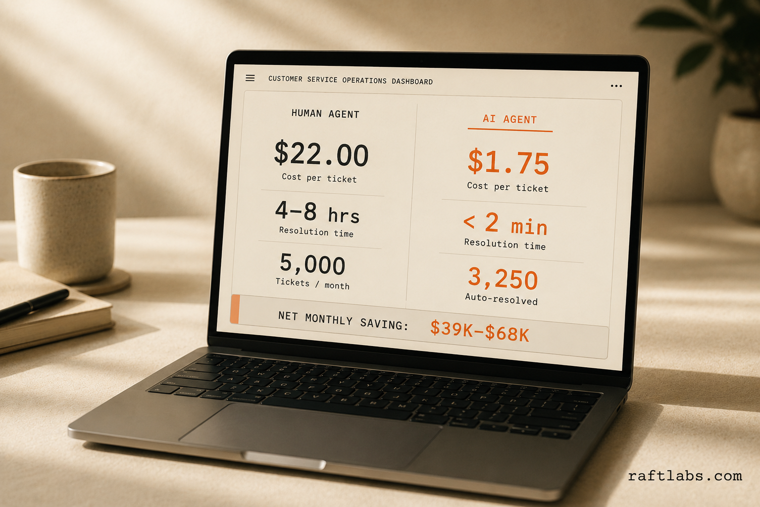 Laptop screen showing a customer service ROI dashboard comparing human agent cost of $22 per ticket against AI agent cost of $1.75, with net monthly savings of $39K-$68K