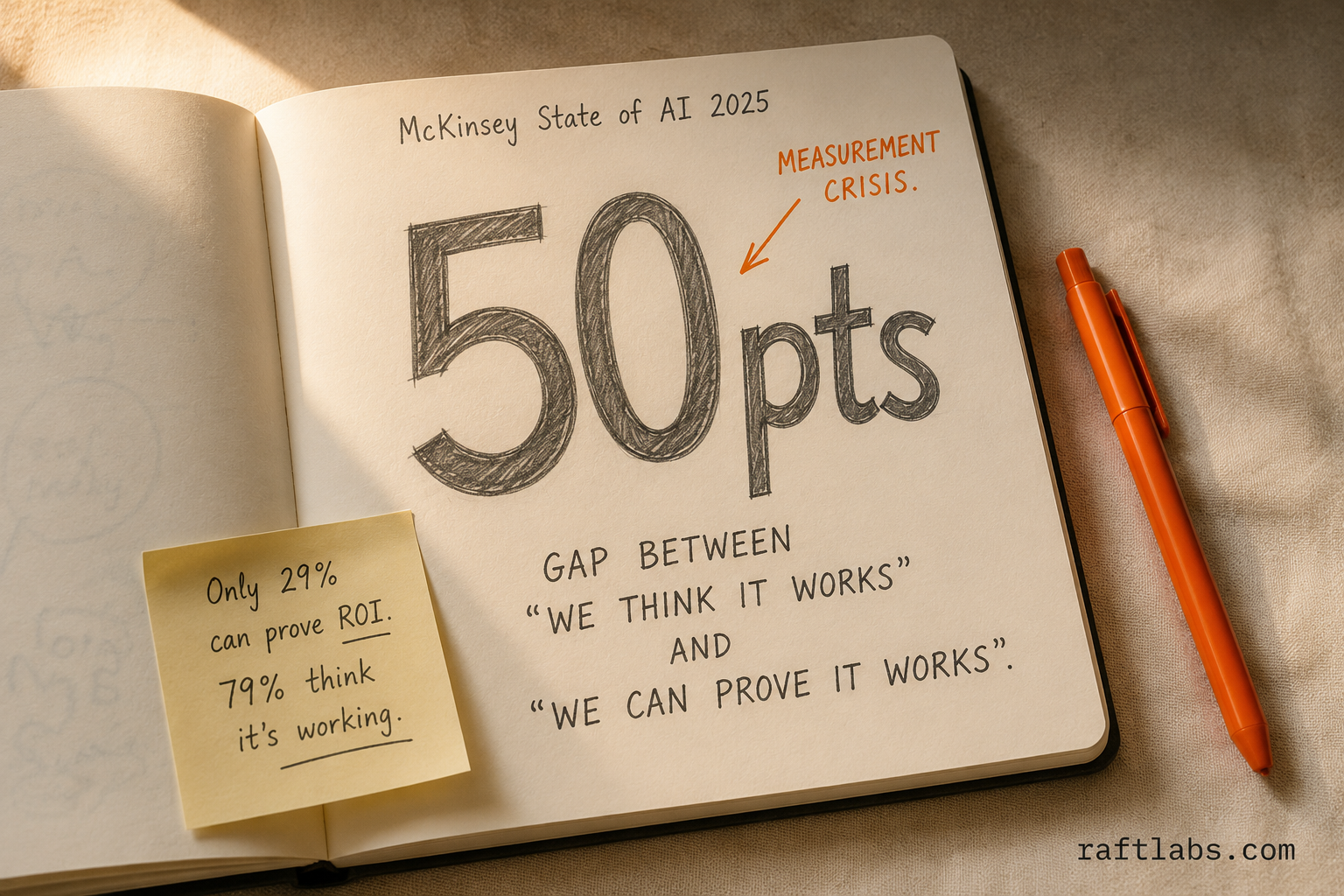 A notebook page showing '50pts' in large bold pencil strokes - the gap between executives who see AI productivity gains and those who can actually measure ROI