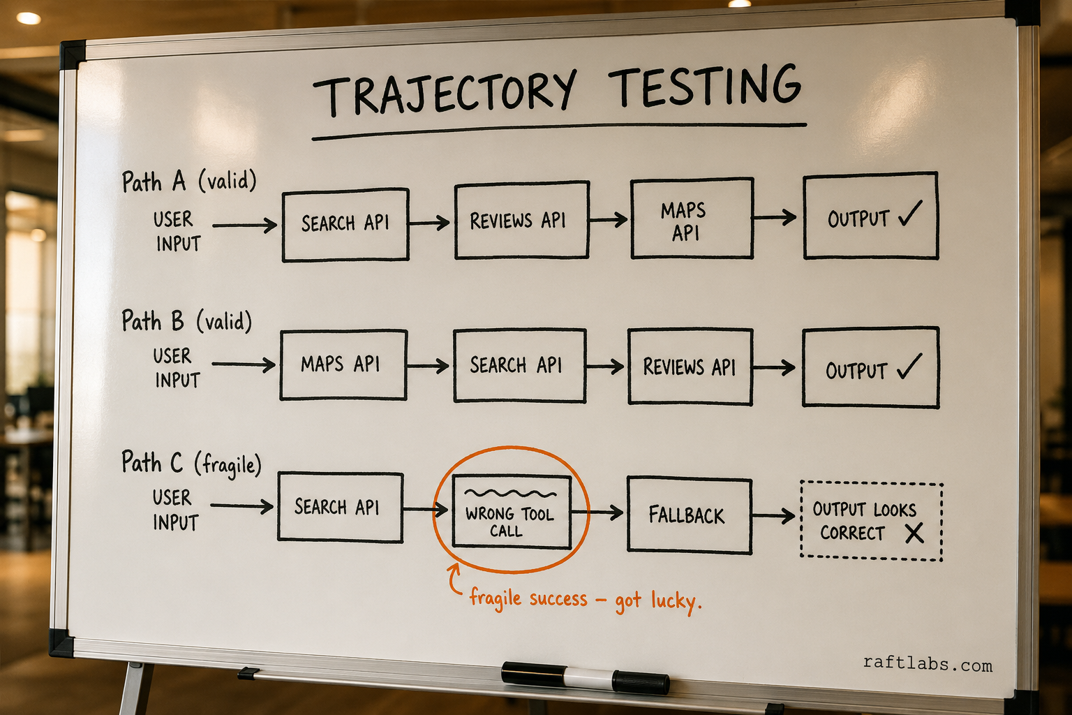 Whiteboard diagram showing three agent trajectories from the same input - two valid paths and one fragile path that reaches a plausible-looking output despite a wrong tool call at step two
