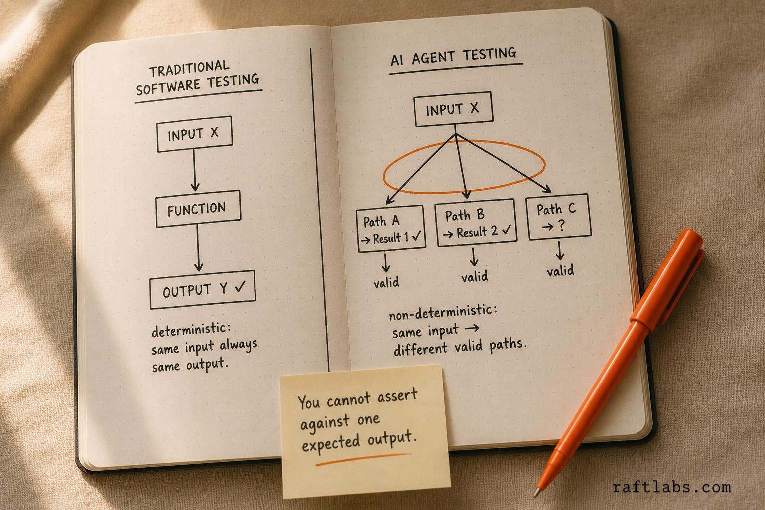 Notebook sketch comparing deterministic traditional software testing on the left with non-deterministic AI agent testing on the right, showing multiple branching valid paths from the same input