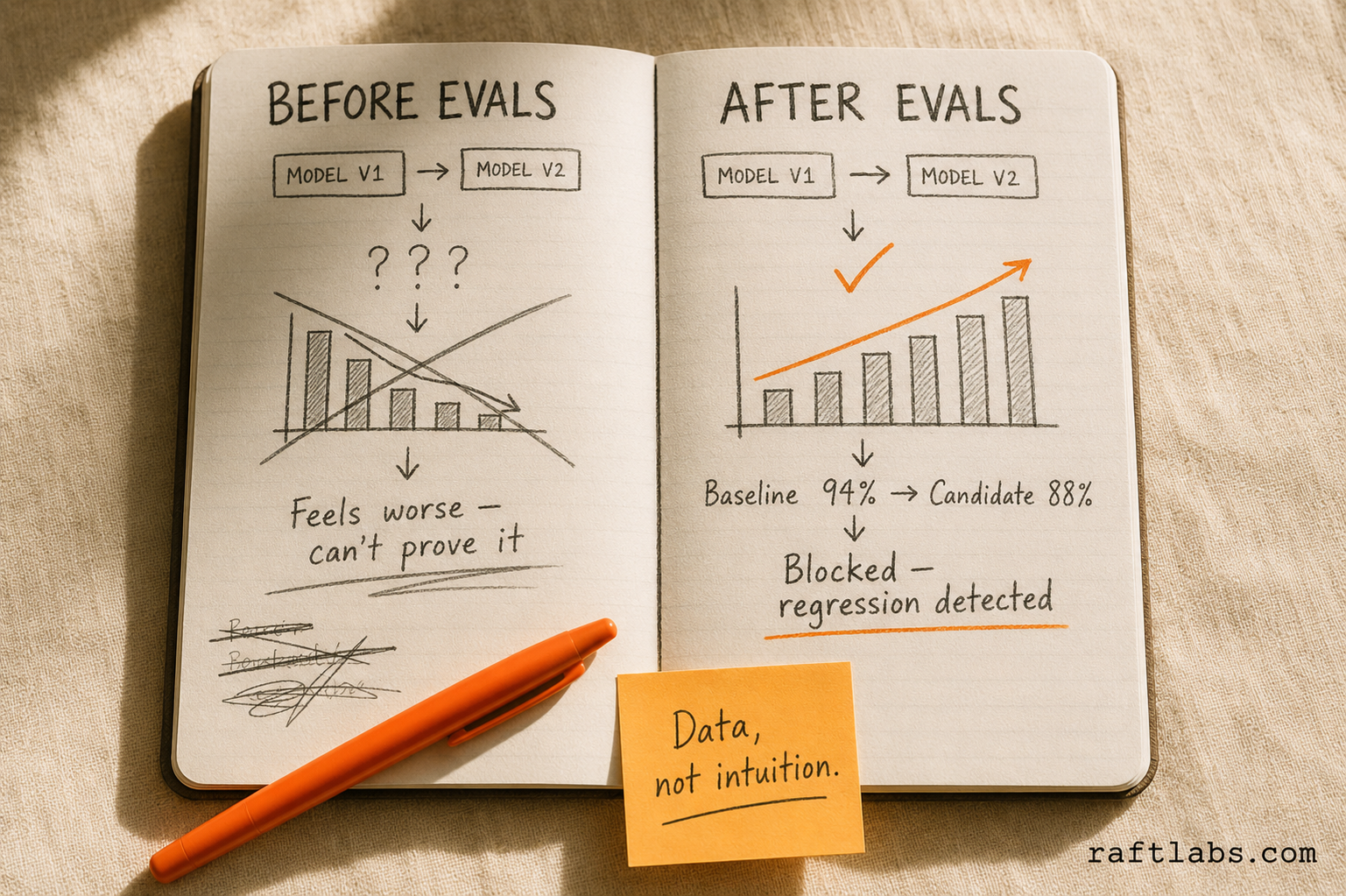 Before and after comparison: model upgrades without evals produce uncertainty while evals catch regressions with data