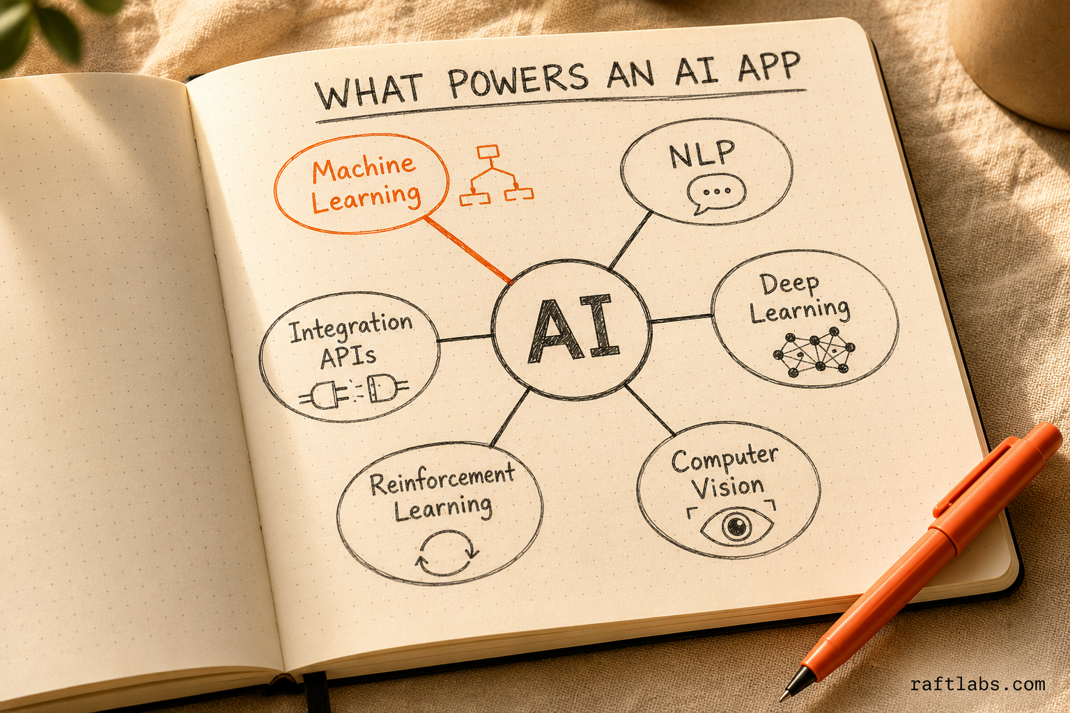 Six core AI technologies: ML, NLP, Deep Learning, Computer Vision, Reinforcement Learning, APIs
