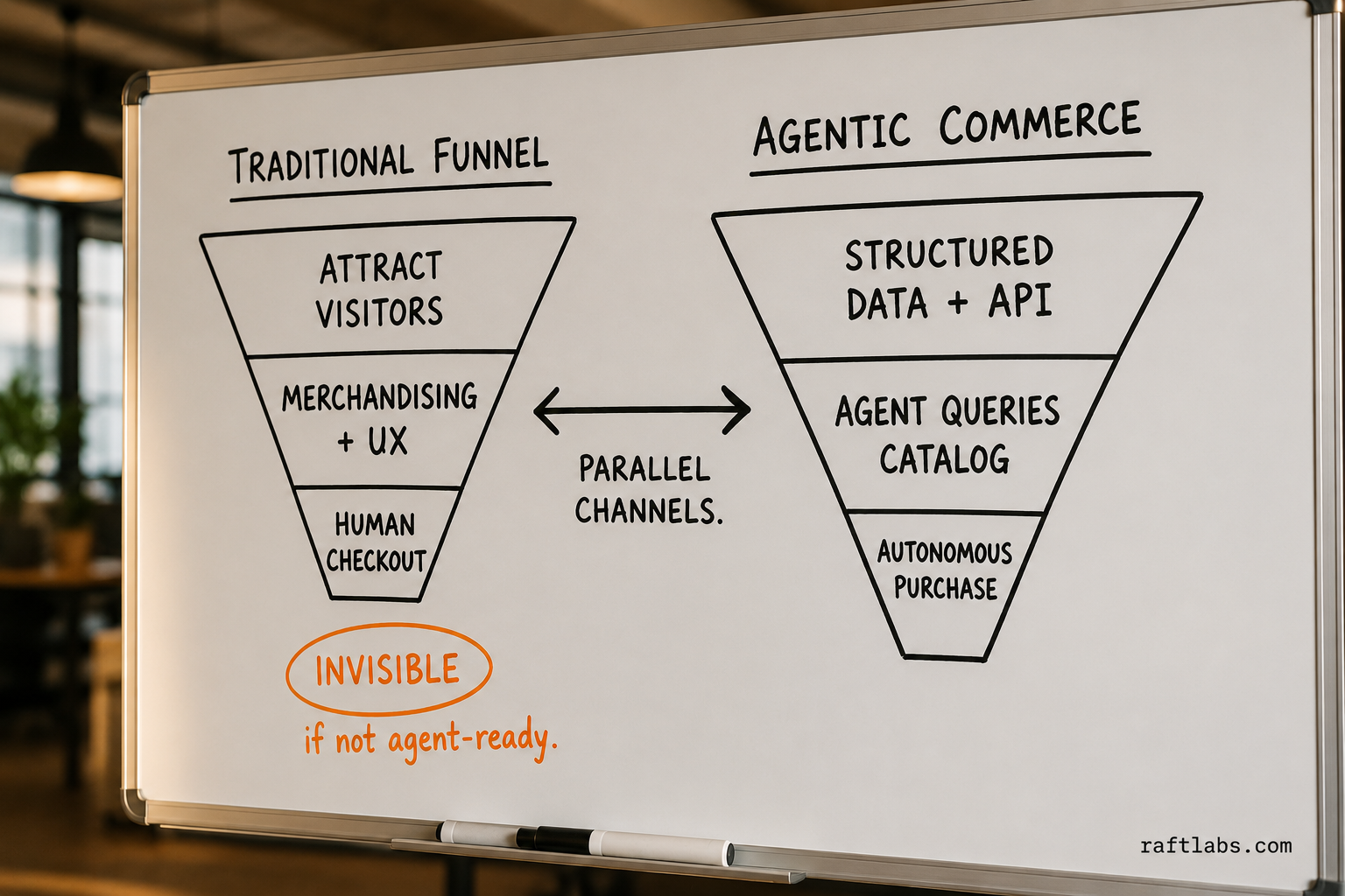 Whiteboard diagram showing traditional human e-commerce funnel alongside the new agentic commerce channel where AI agents query catalogs and purchase autonomously