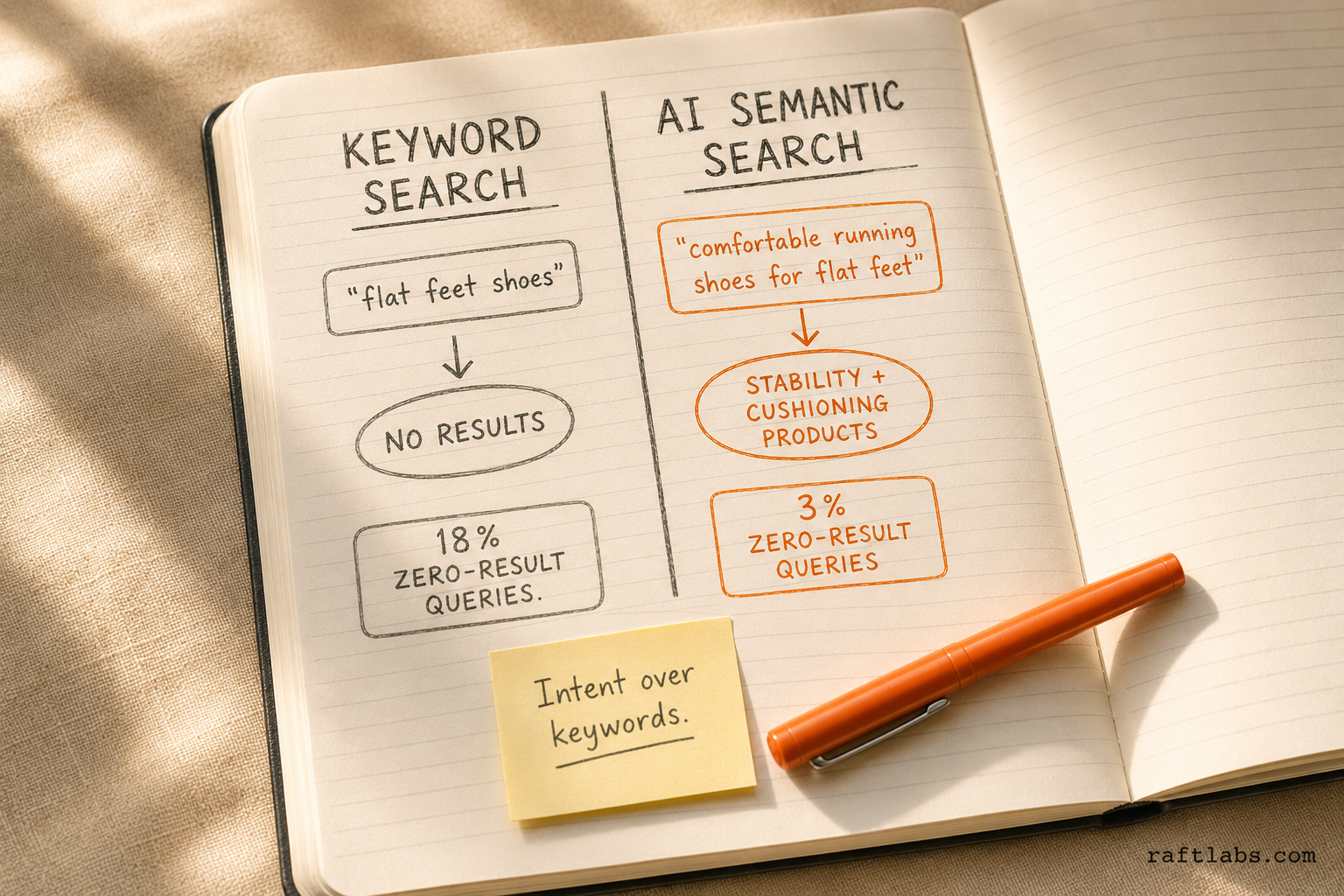 Notebook diagram comparing keyword search zero-result failures versus AI semantic search that maps natural language queries to relevant products