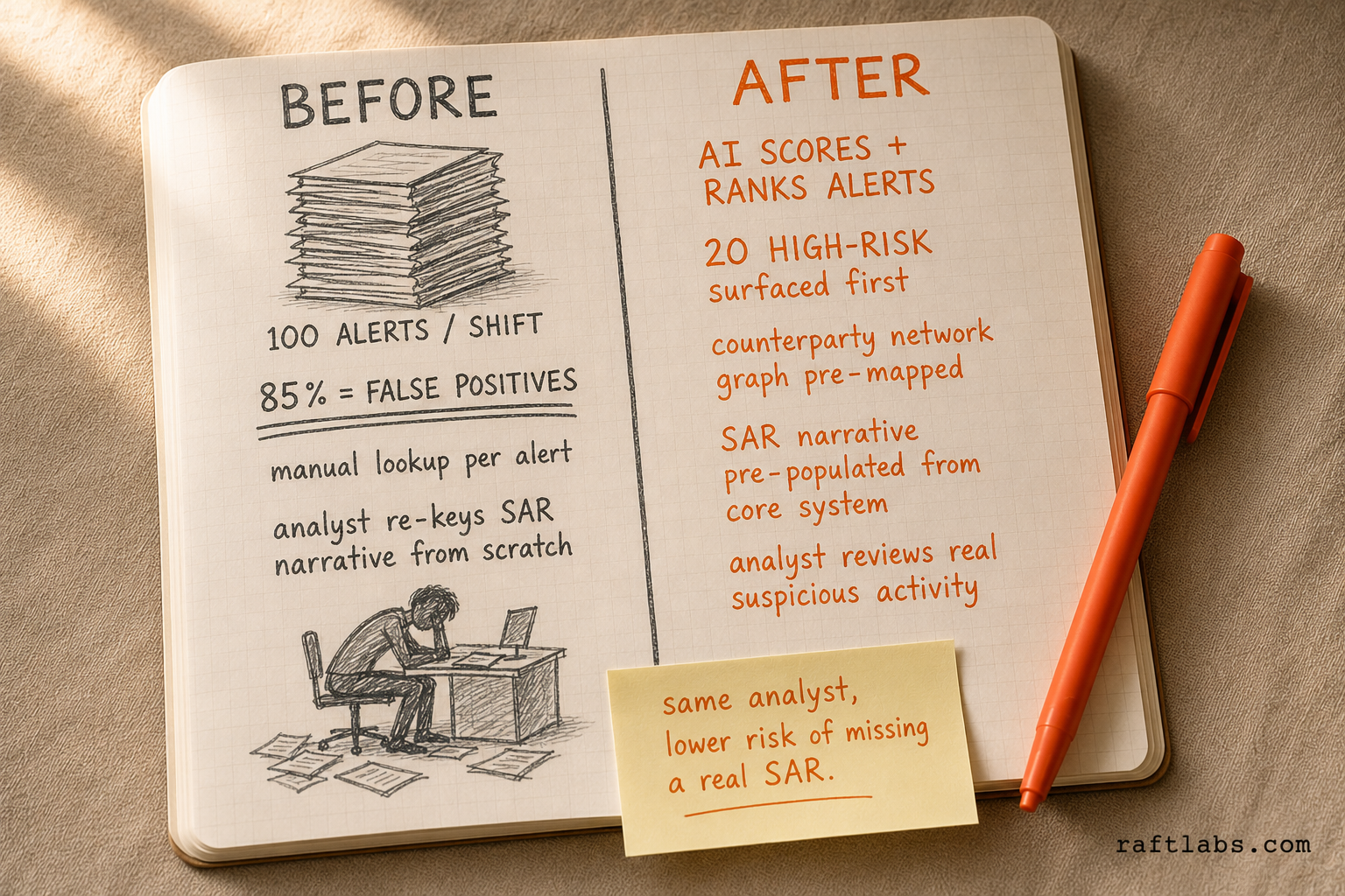 AML triage before and after AI: analyst shifts from clearing 85% false-positive alerts manually to reviewing a pre-prioritised high-risk queue with pre-populated SAR narratives