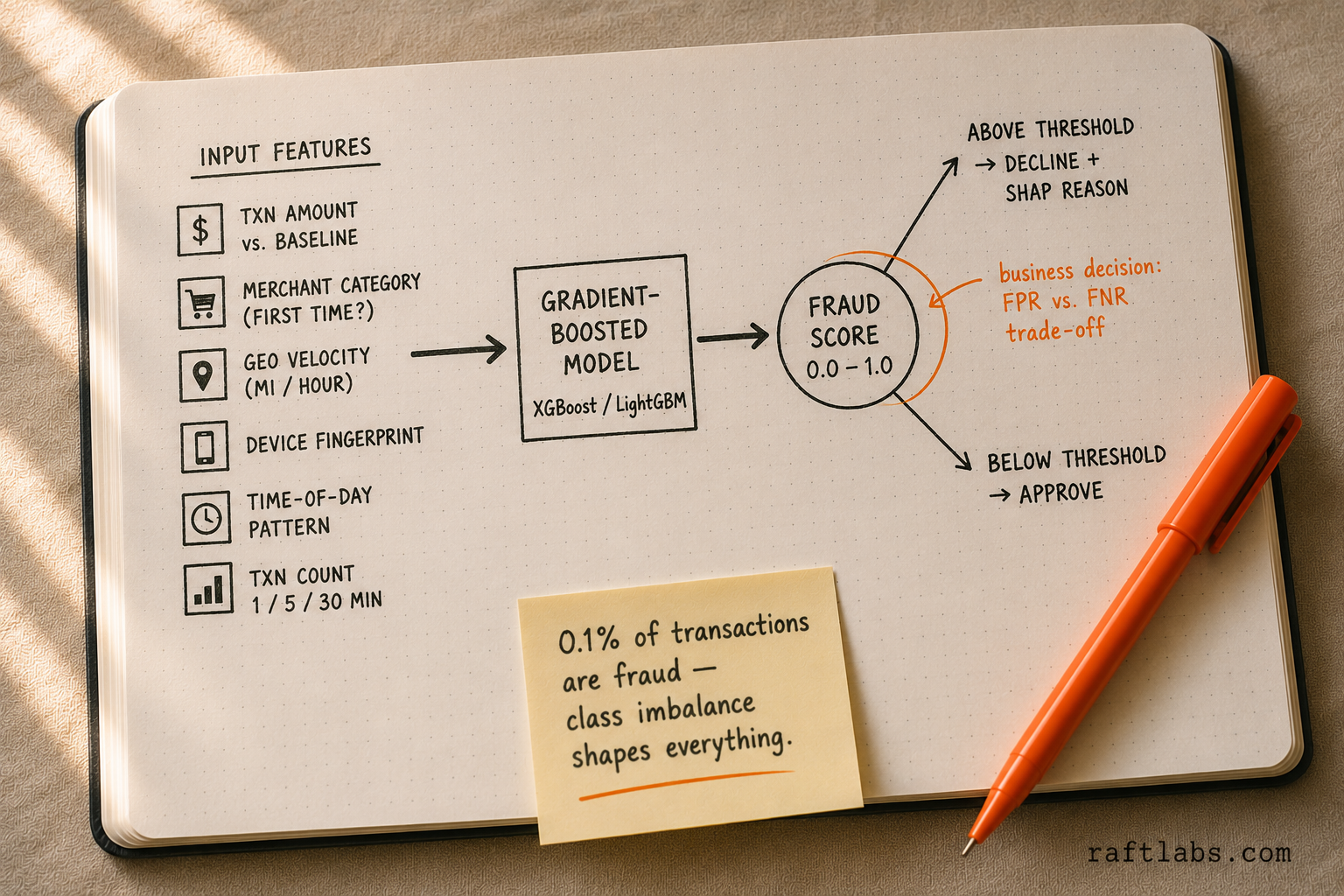 Fraud scoring pipeline: transaction features feed into a gradient-boosted model to produce a fraud score, with a threshold decision branching into approve or decline with SHAP explanation