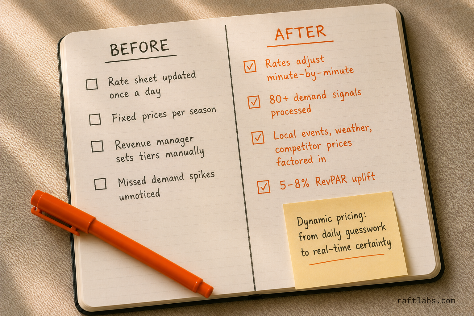 Before and after AI dynamic pricing: static daily rate sheets replaced by real-time minute-by-minute optimization