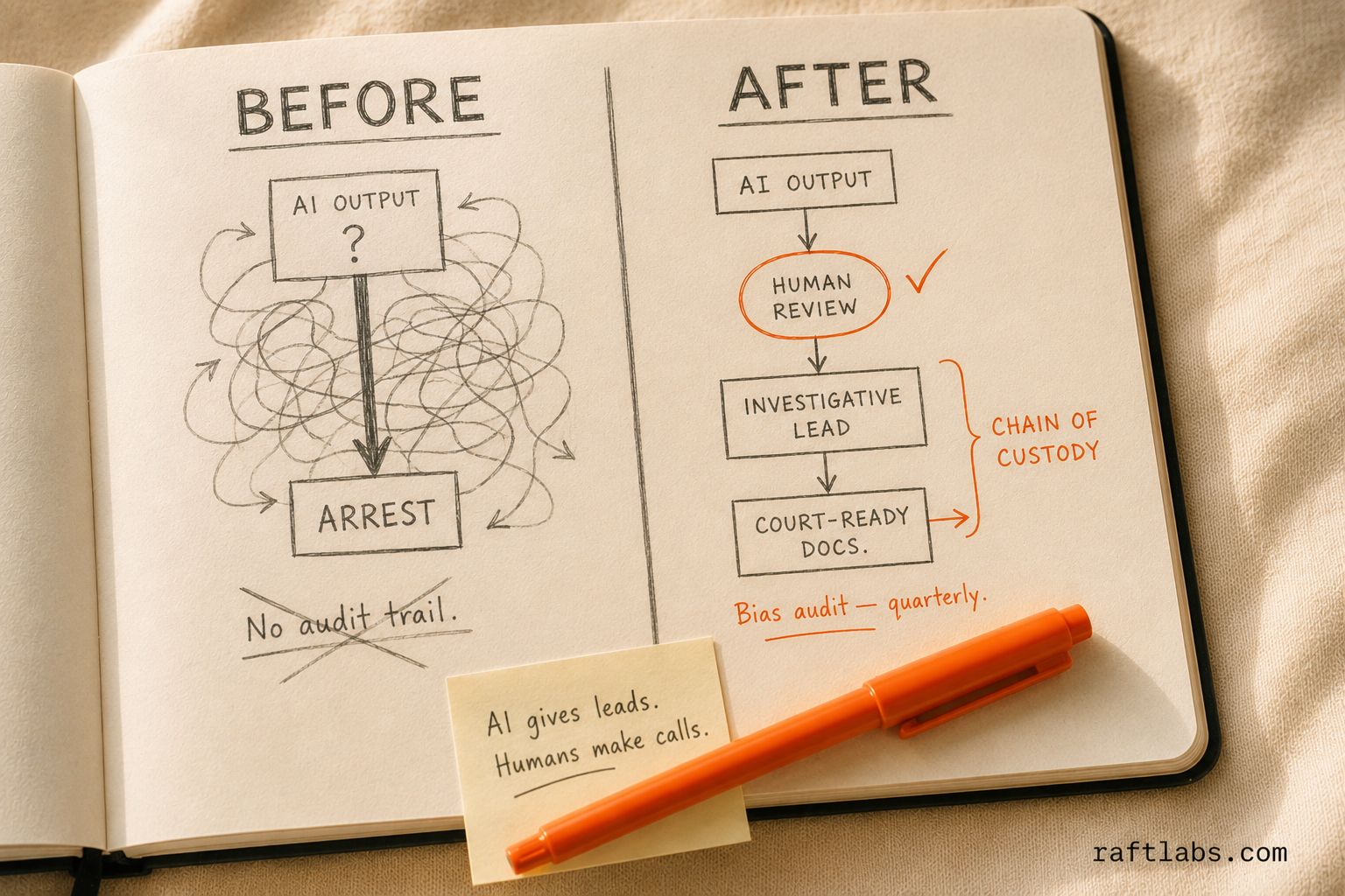 Before and after: AI forensics without guardrails versus a proper human-review chain-of-custody workflow