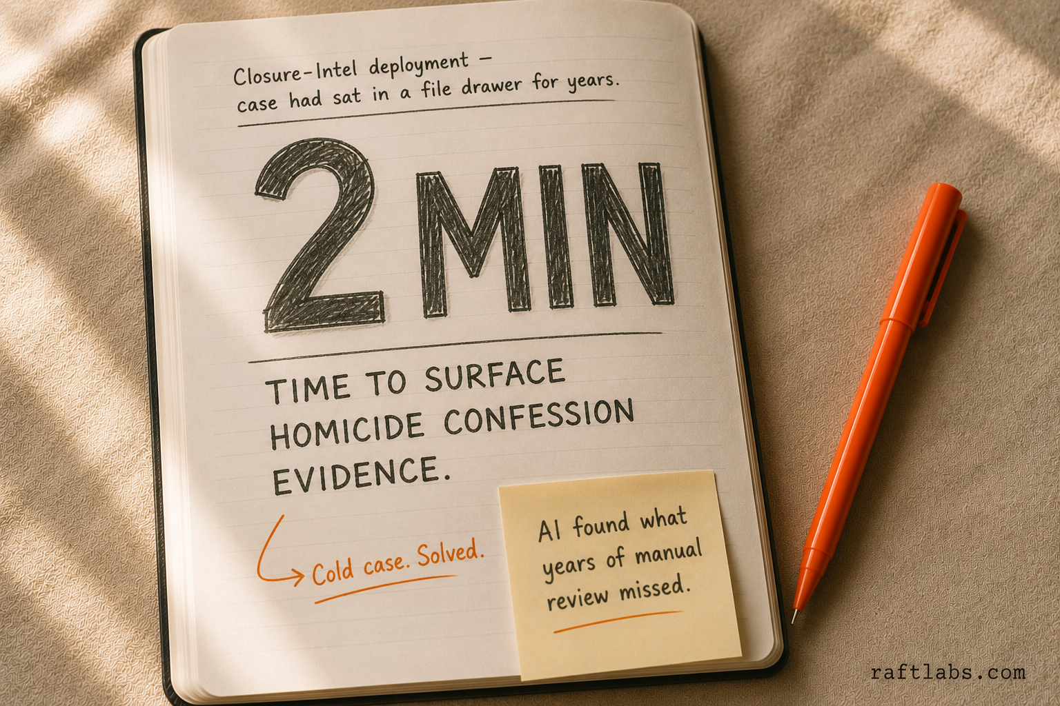 Stat callout showing 2 minutes - the time Closure-Intel took to surface homicide confession evidence from a cold case that had sat unresolved for years