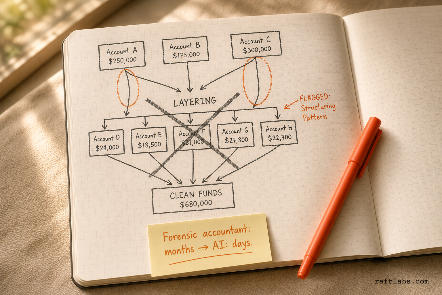 Notebook diagram showing how AI traces money laundering flow through layering and structuring - flagging fraud patterns that take forensic accountants months to map manually