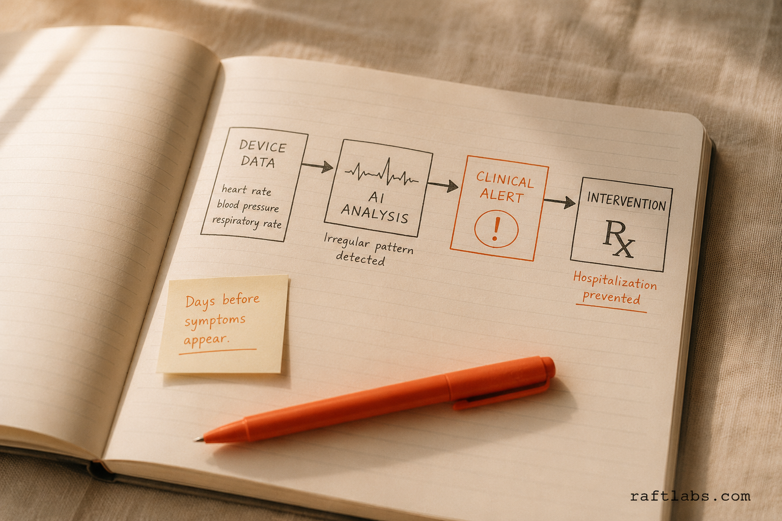 AI remote patient monitoring early detection flow: continuous device data feeds AI analysis, which triggers a clinical alert and enables intervention before hospitalization