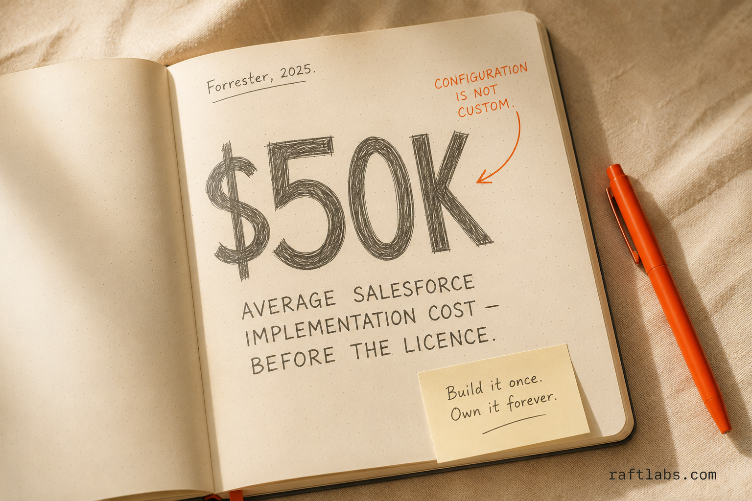 Average Salesforce implementation cost - $50K before the licence fee - the hidden cost of off-the-shelf CRM that makes custom development cost-competitive at the three-year mark