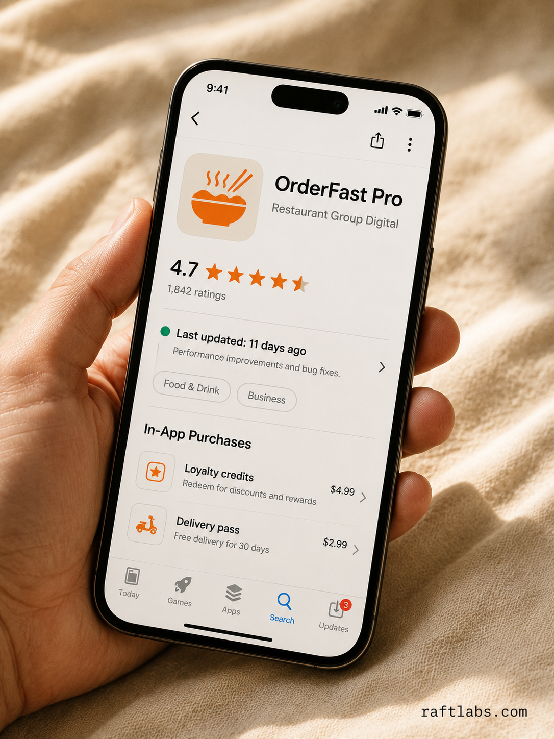 Checking an app store listing for a live restaurant app - rating, review count, recent update, and active in-app purchases are the first vetting steps before evaluating any firm