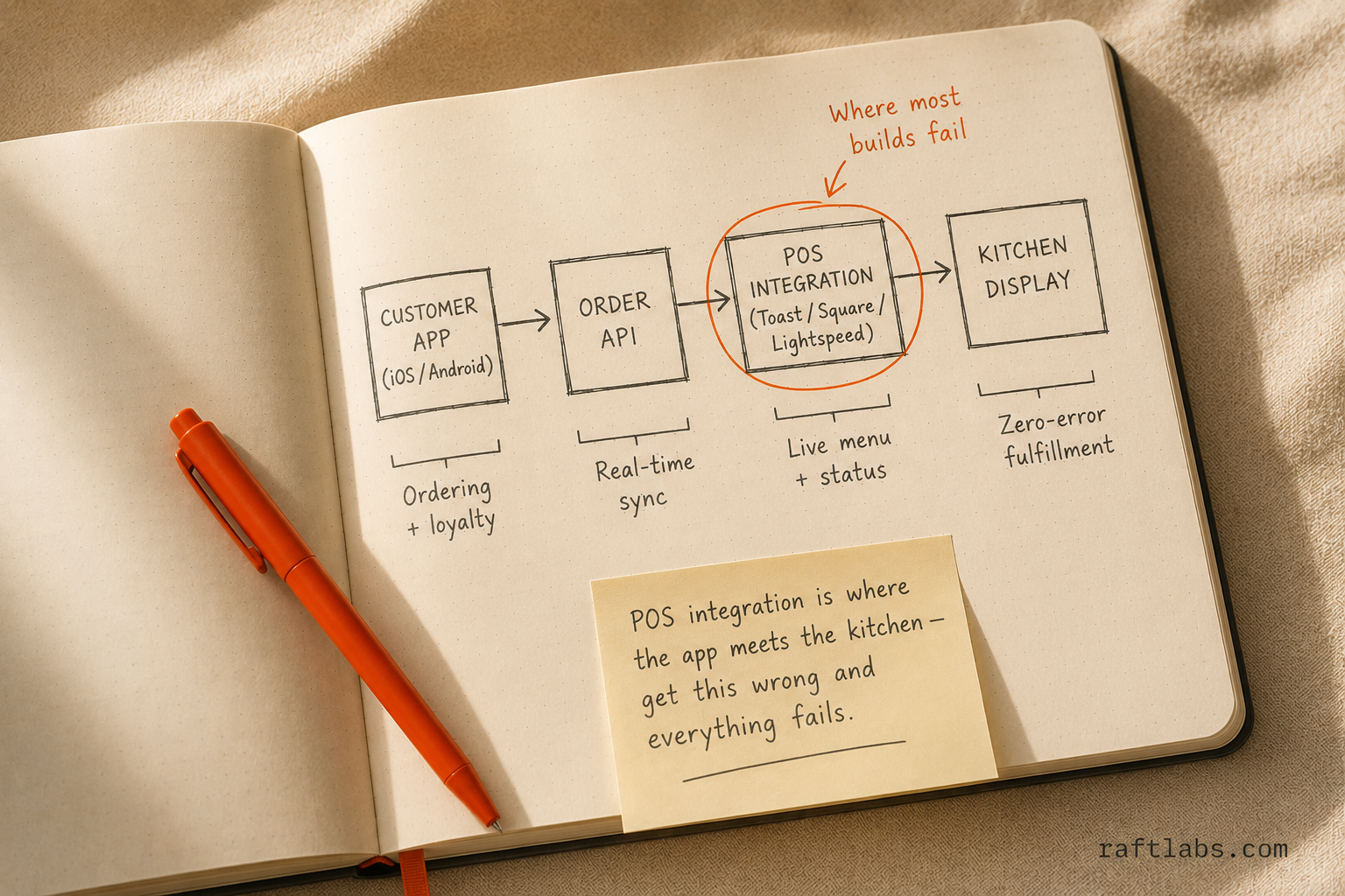 Restaurant app architecture diagram showing the customer app connecting through an order API to a POS integration and kitchen display system - POS integration is where most restaurant app projects fail