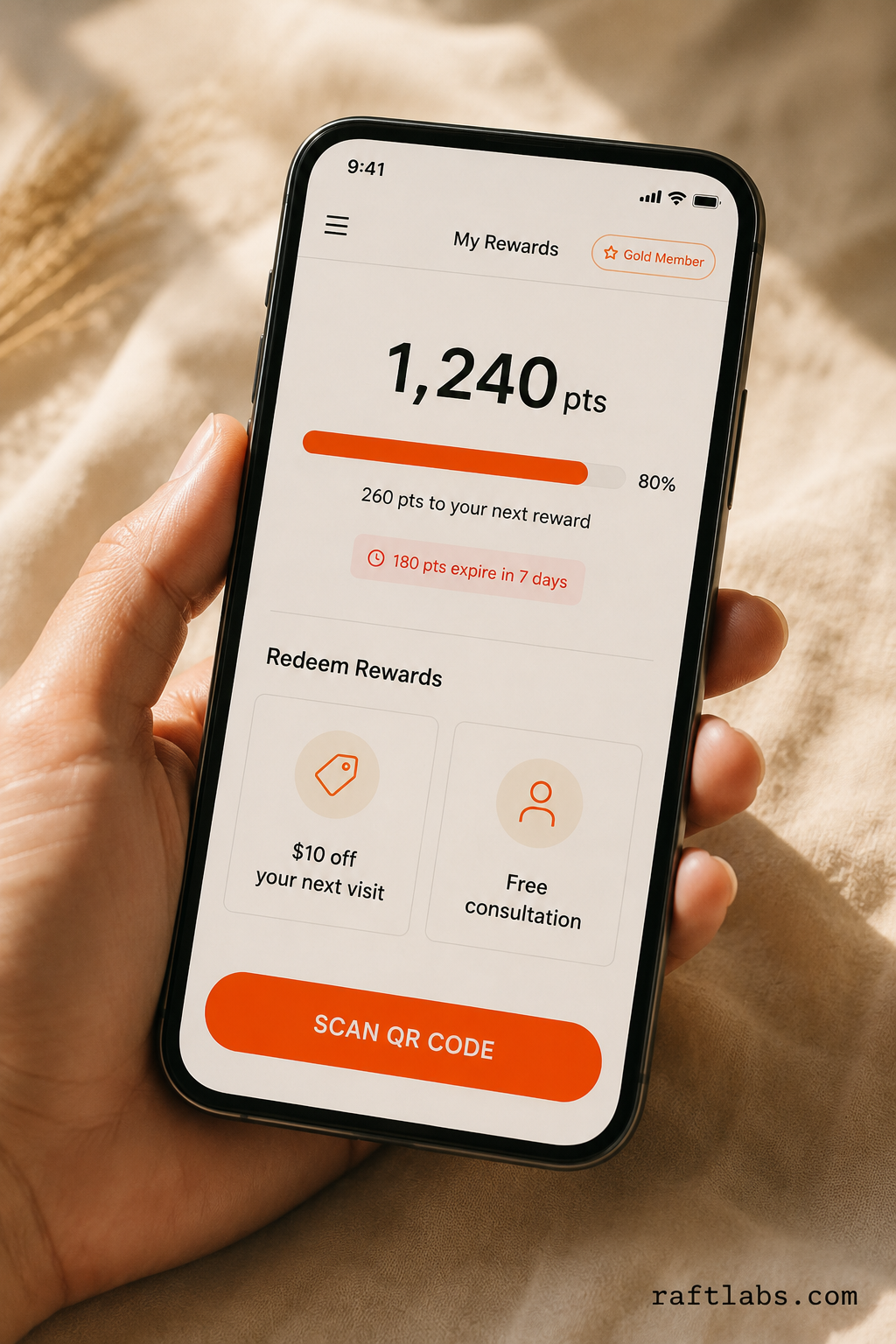 Mobile loyalty app home screen showing points balance, progress bar to next reward, expiry countdown, and orange QR scan button