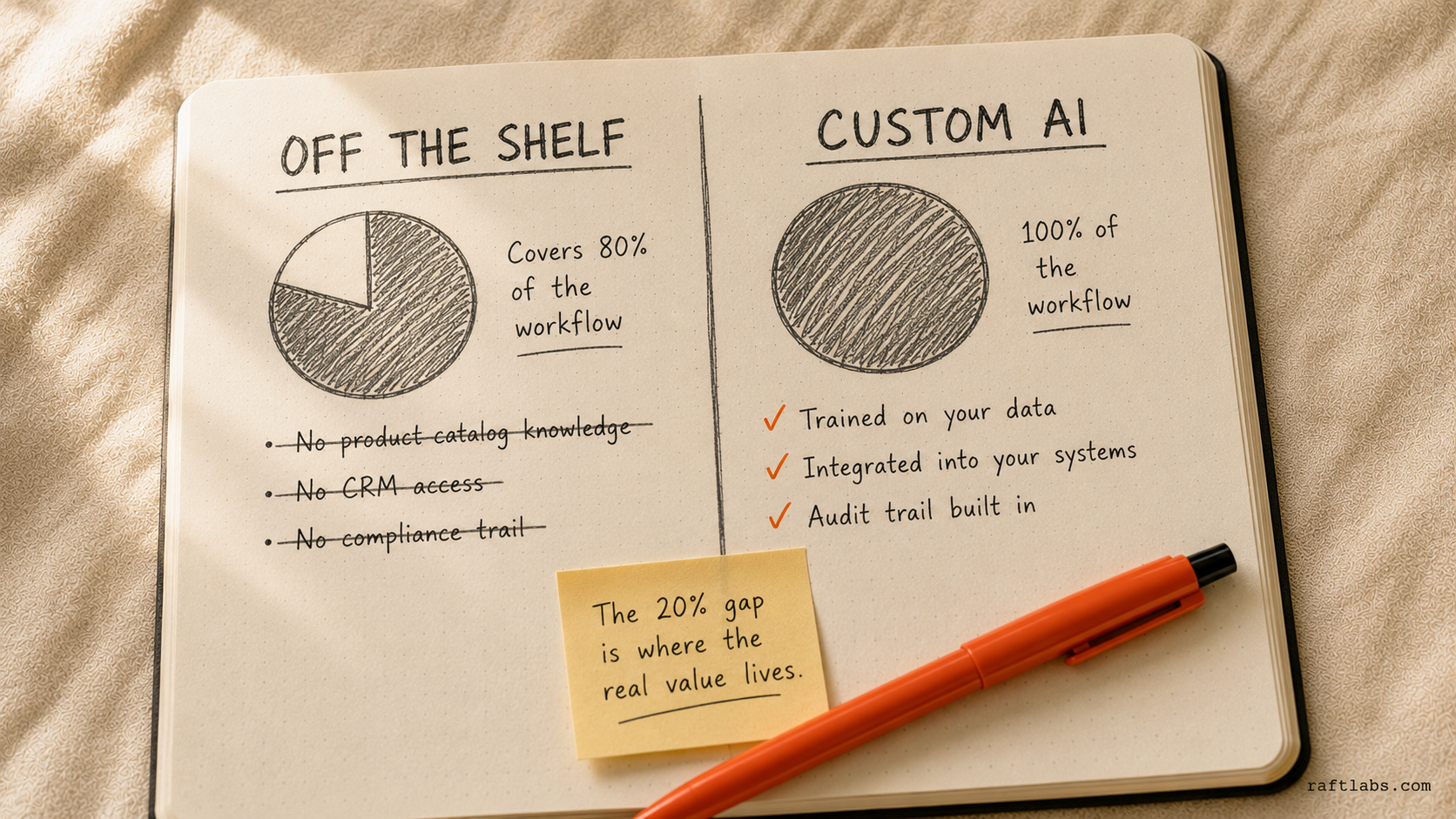 Before/after notebook comparison: off-the-shelf AI covers 80% of the workflow with gaps in proprietary data and compliance; custom AI covers 100% with CRM integration and audit trail