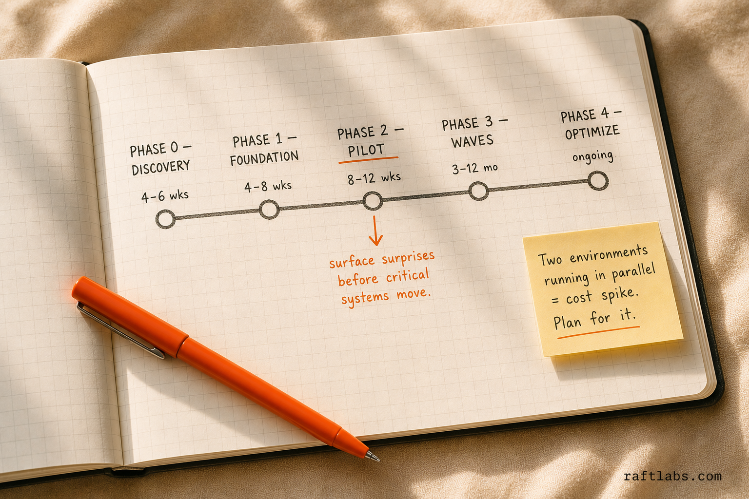 Five-phase cloud migration roadmap timeline from discovery through ongoing optimization - notebook sketch
