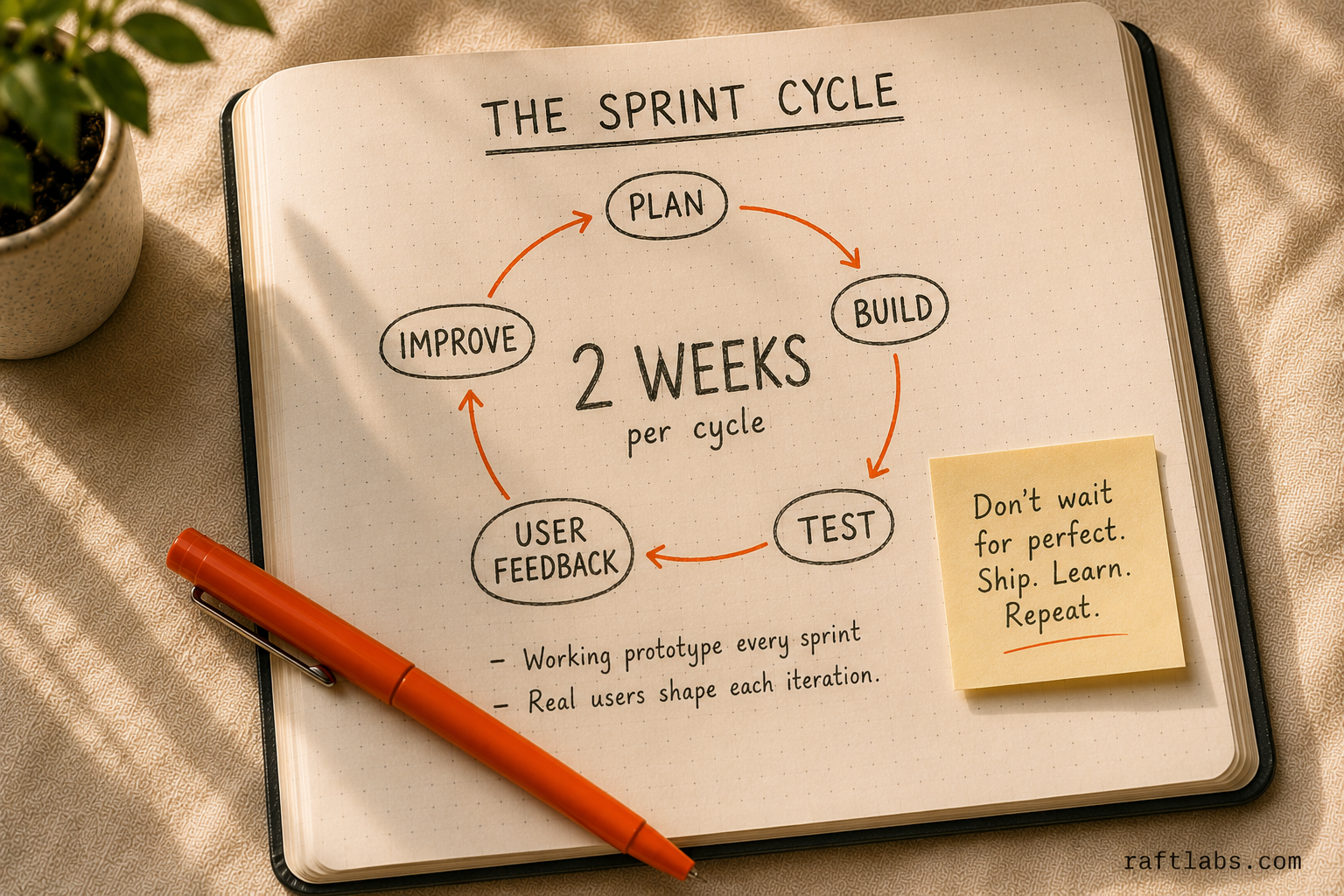 Agile voice AI development cycle: 2-week sprints from planning to prototype to user feedback