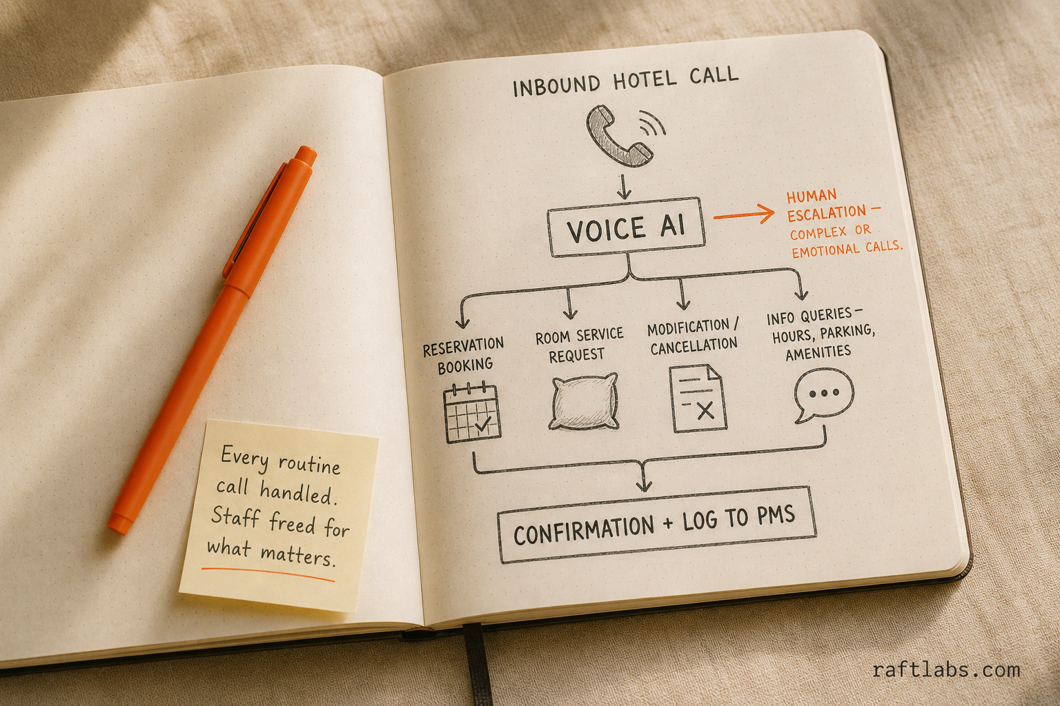 Voice AI hotel call routing diagram - inbound calls split across reservation booking, room service, modifications, and info queries, with human escalation path