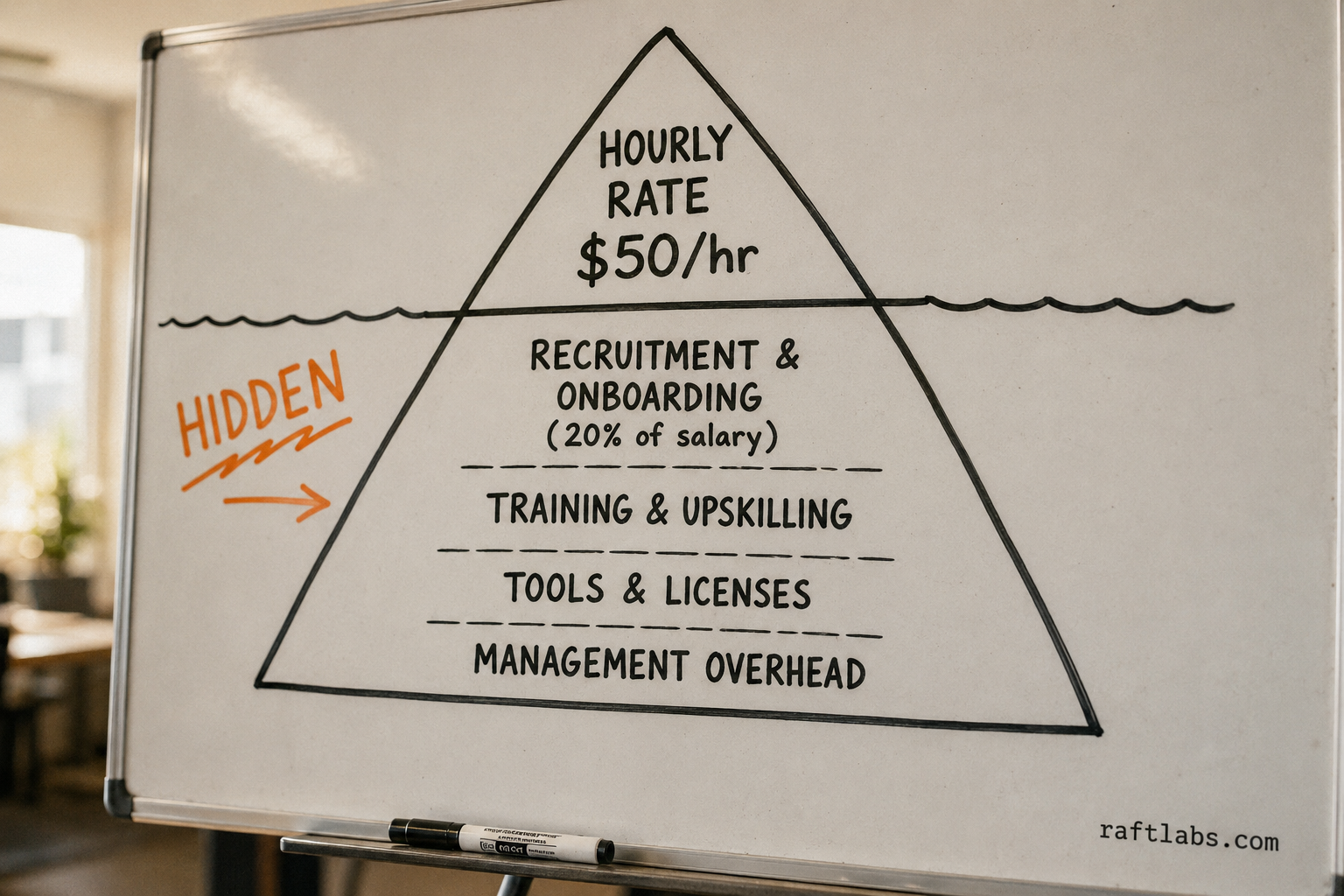 The iceberg of ReactJS developer cost: the hourly rate is visible above the waterline but recruitment fees, training, tooling, and management overhead are the larger hidden bulk below