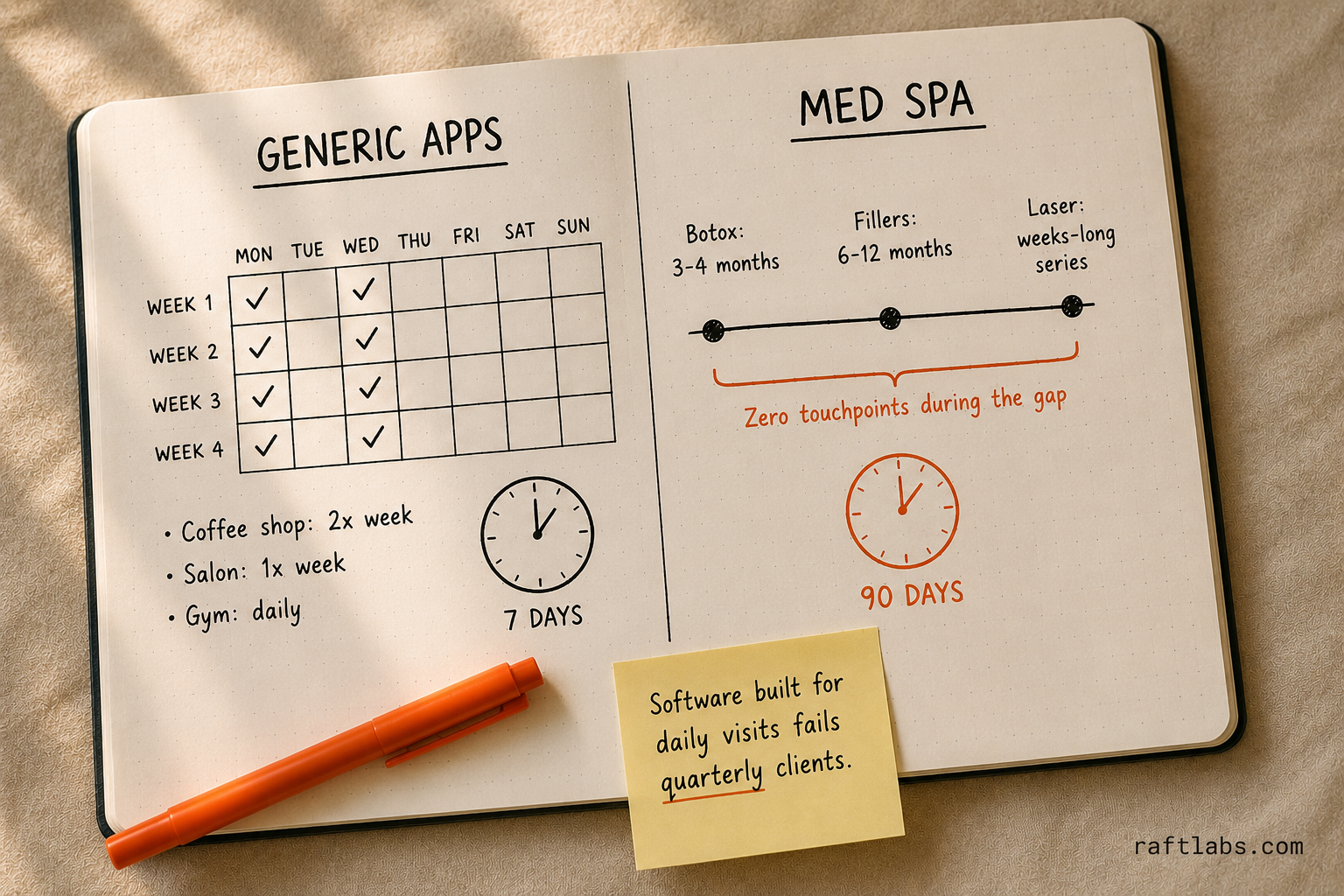 Generic loyalty software expects weekly visits while med spa clients return every 3 to 6 months - the cycle mismatch that breaks off-the-shelf platforms
