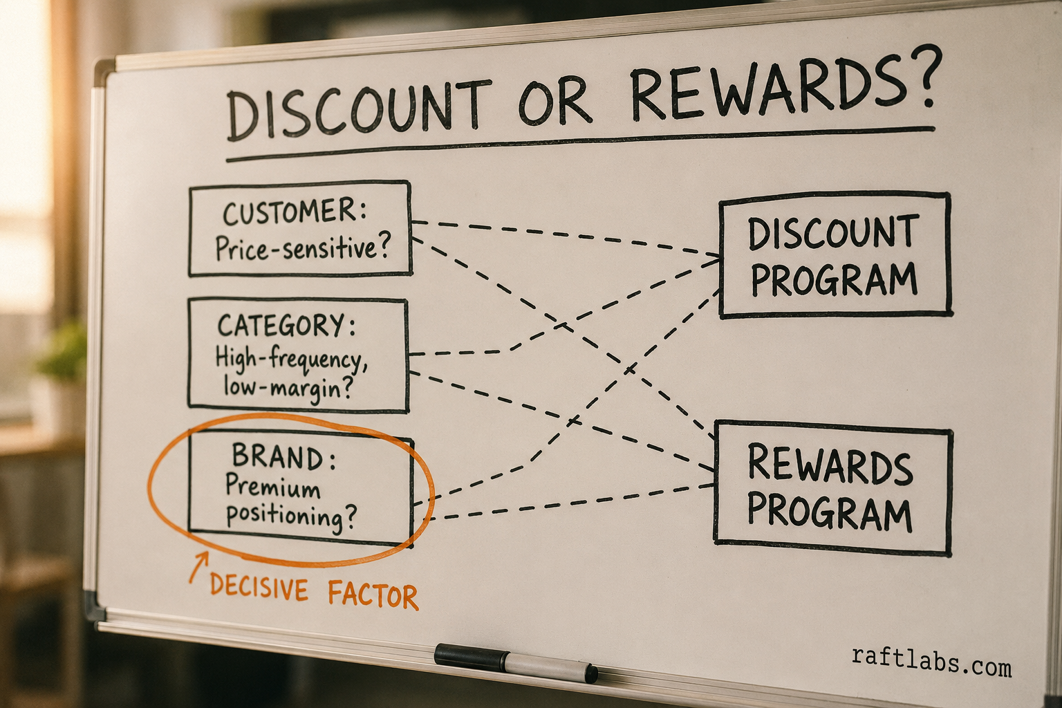 Whiteboard decision framework for choosing between discount-based and reward-based loyalty programs