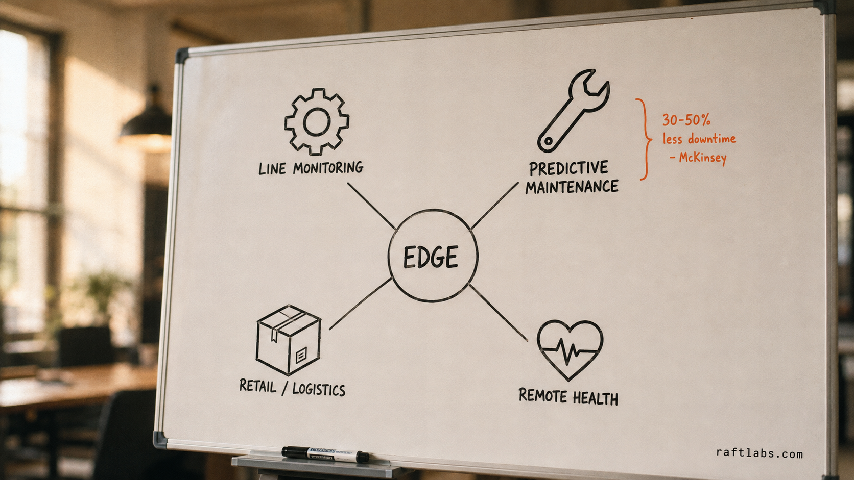 Whiteboard sketch of four edge computing use cases in IoT connected to a central edge node: line monitoring, predictive maintenance, retail and logistics, and remote health monitoring
