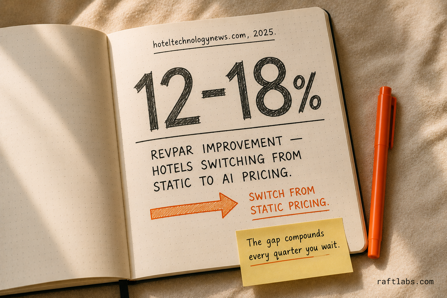 Notebook stat callout showing 12 to 18 percent RevPAR improvement for hotels that switch from static to AI-driven dynamic pricing