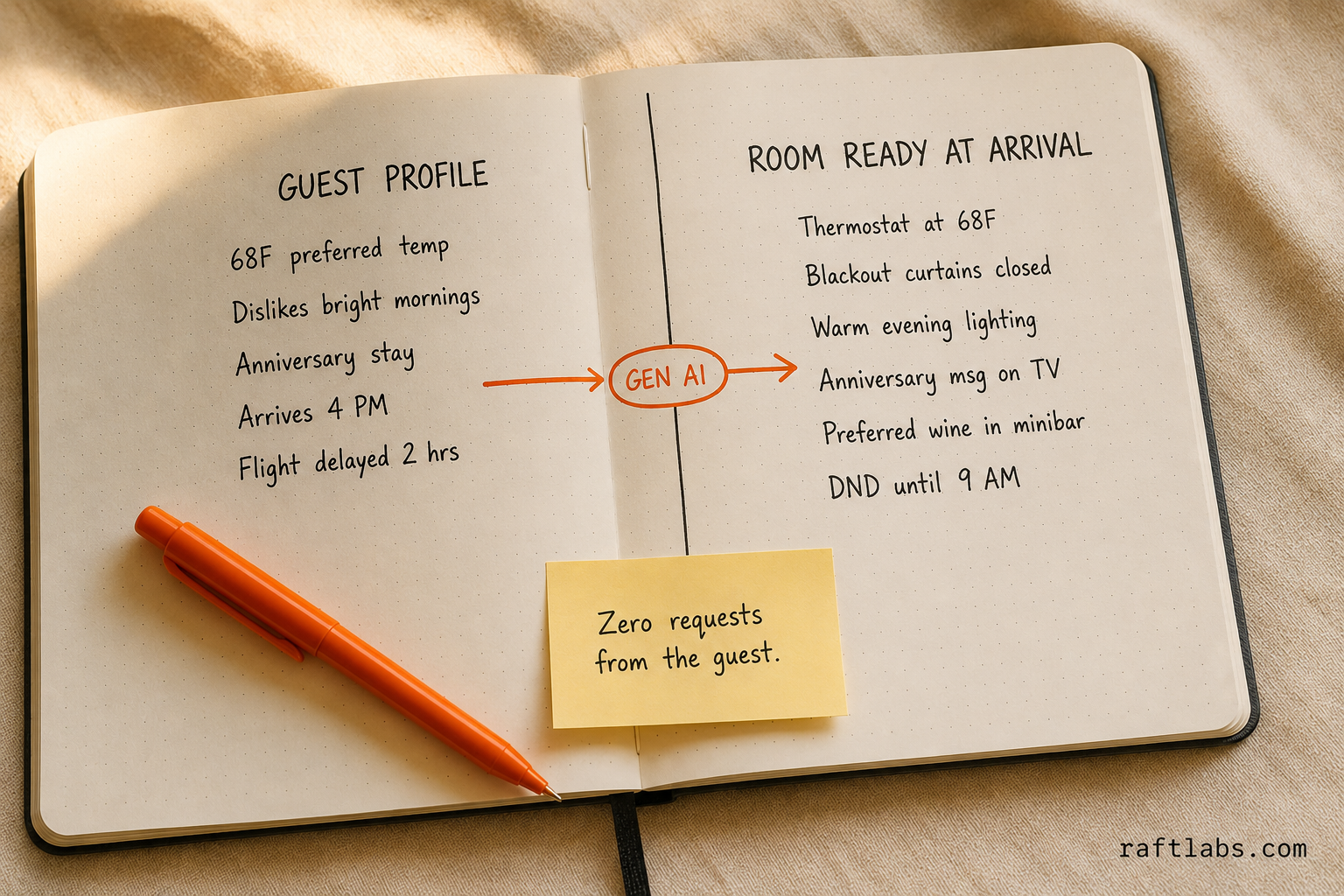 Five guest profile data points flowing through Gen AI into six pre-configured IoT room settings before the guest arrives