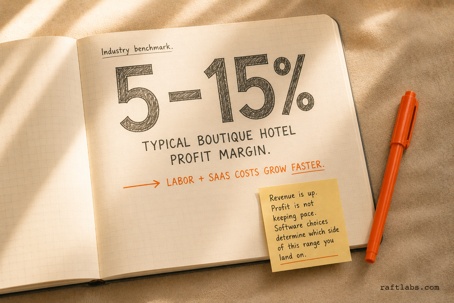 Boutique hotel profit margin benchmark showing the 5-15% range with annotation that labor and SaaS costs compound faster than revenue growth