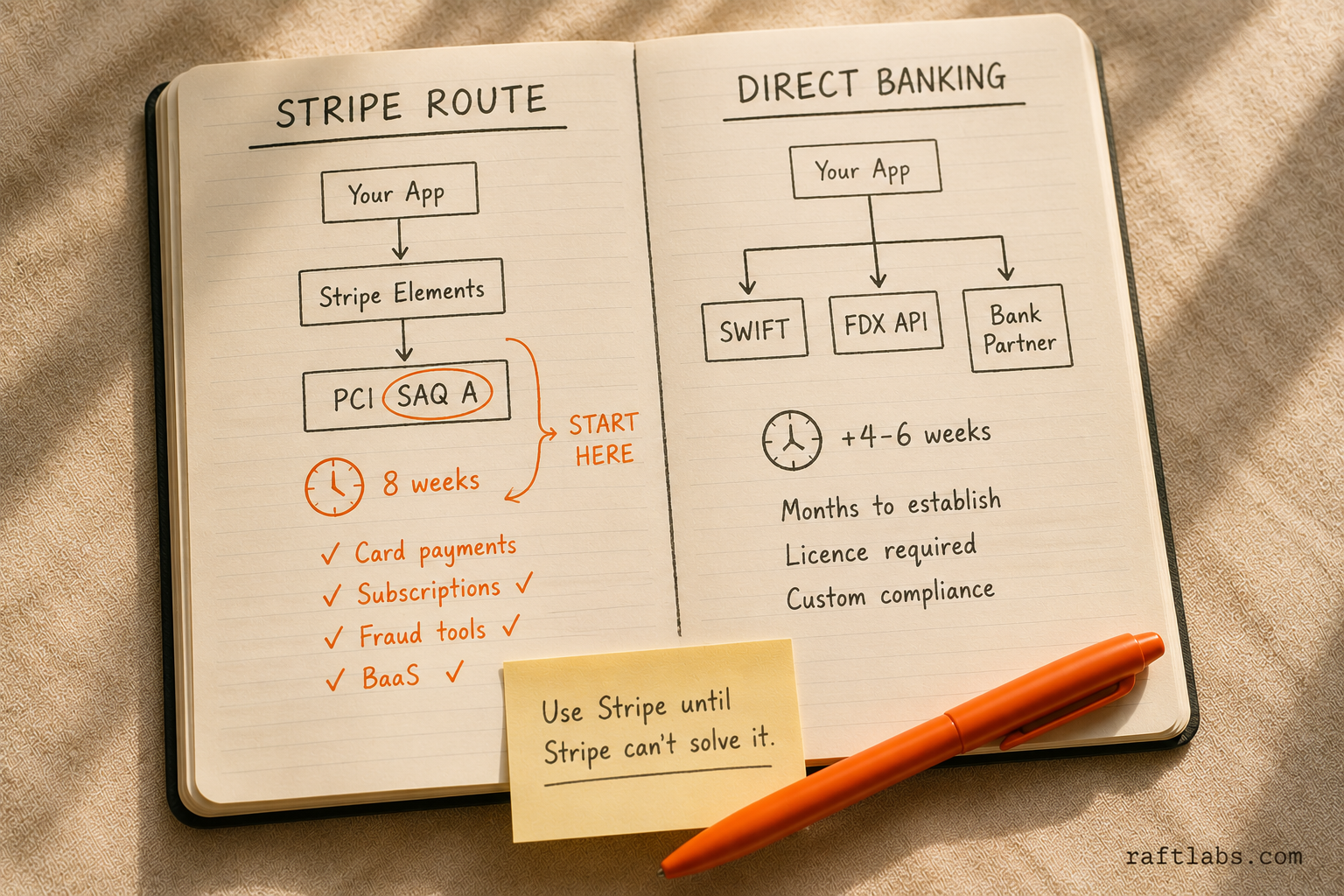 Payment stack decision: Stripe route (8 weeks, PCI SAQ A) versus direct banking APIs (additional 4-6 weeks, banking partner relationships required)