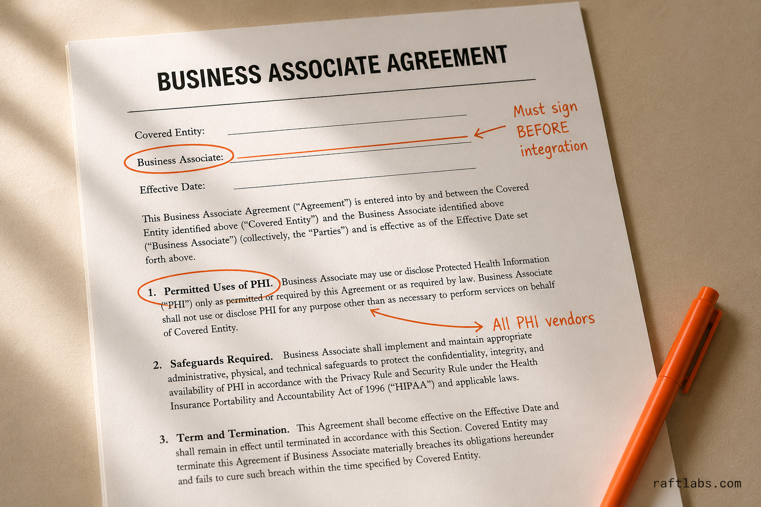 Business Associate Agreement document with orange ink annotations highlighting vendor fields and PHI usage terms, required before integrating any vendor that handles patient data