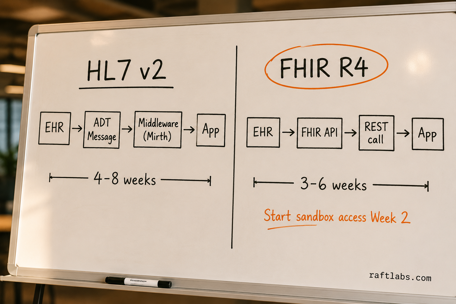 Whiteboard diagram comparing FHIR R4 REST API integration path versus HL7 v2 message-based middleware path with FHIR circled as the recommended modern standard