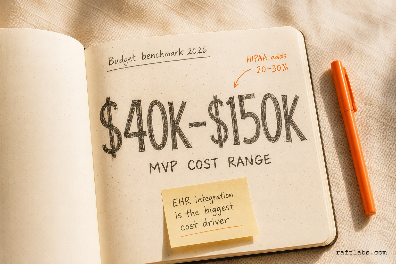 Healthcare app MVP cost range of $50K to $90K displayed as a dominant notebook figure with annotation noting HIPAA adds 20 to 30 percent and EHR integration as the main cost driver