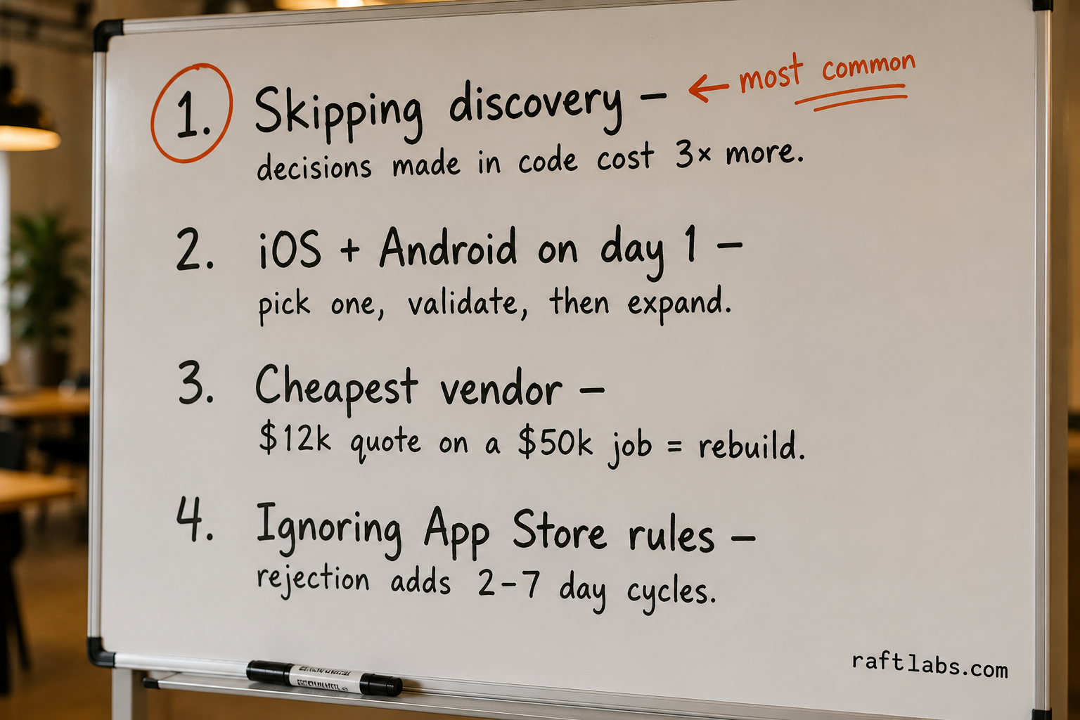 Two most common mobile app project failure modes written on a whiteboard