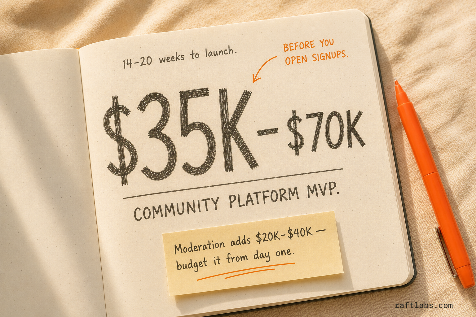 Community forum MVP cost: $40K-$80K, 16-22 weeks to launch, moderation adds $20K-$40K