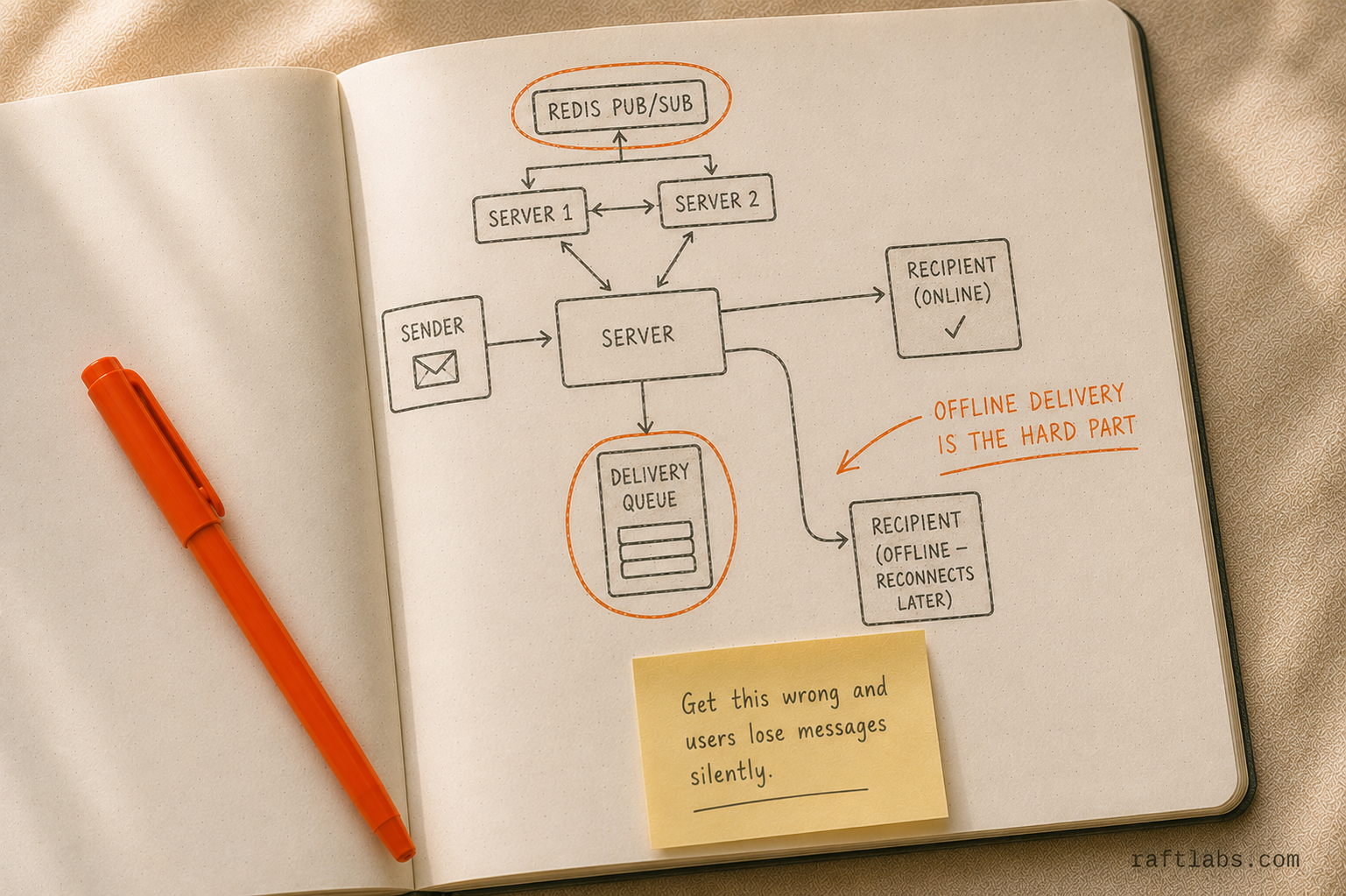 Message delivery architecture showing WebSocket flow, delivery queue, and Redis Pub/Sub routing