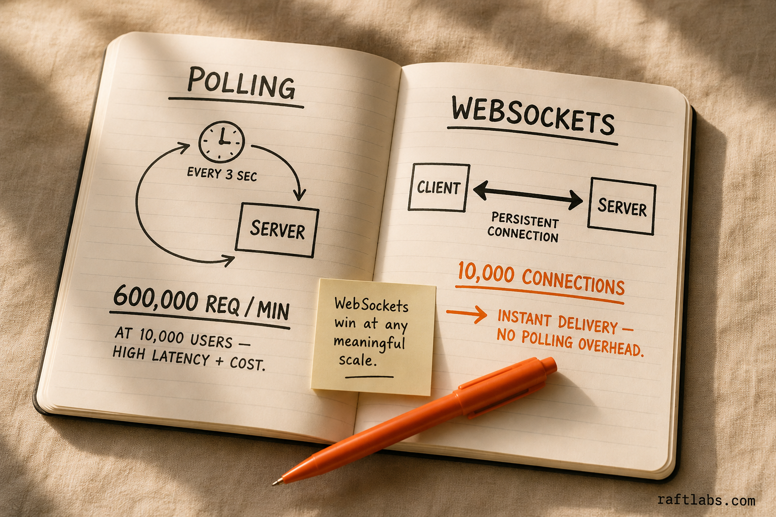 Notebook comparison of HTTP polling at 600,000 requests per minute versus WebSockets at 10,000 persistent connections