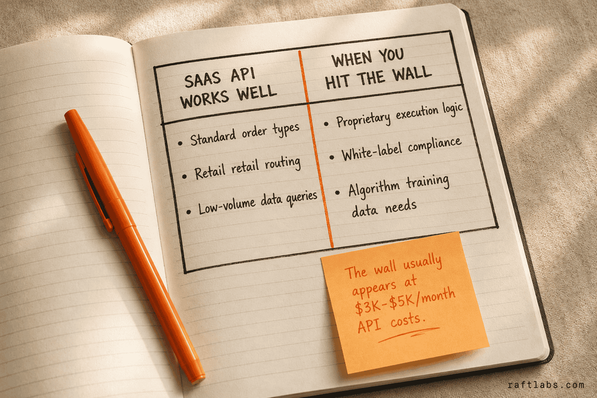 Custom trading software vs SaaS API comparison - showing where Interactive Brokers, Alpaca, and TD Ameritrade hit their limits