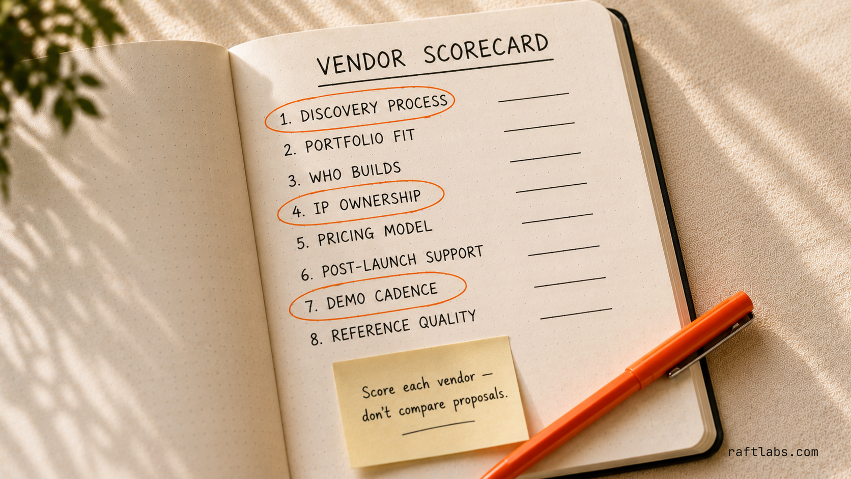 Hand-drawn notebook scorecard showing the 8 criteria for evaluating a custom software development company