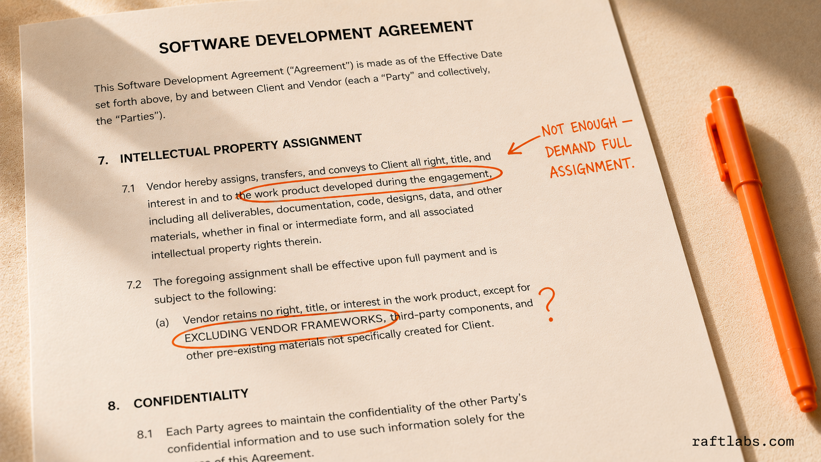 Software contract with orange ink annotations highlighting vague IP ownership language that needs to be negotiated