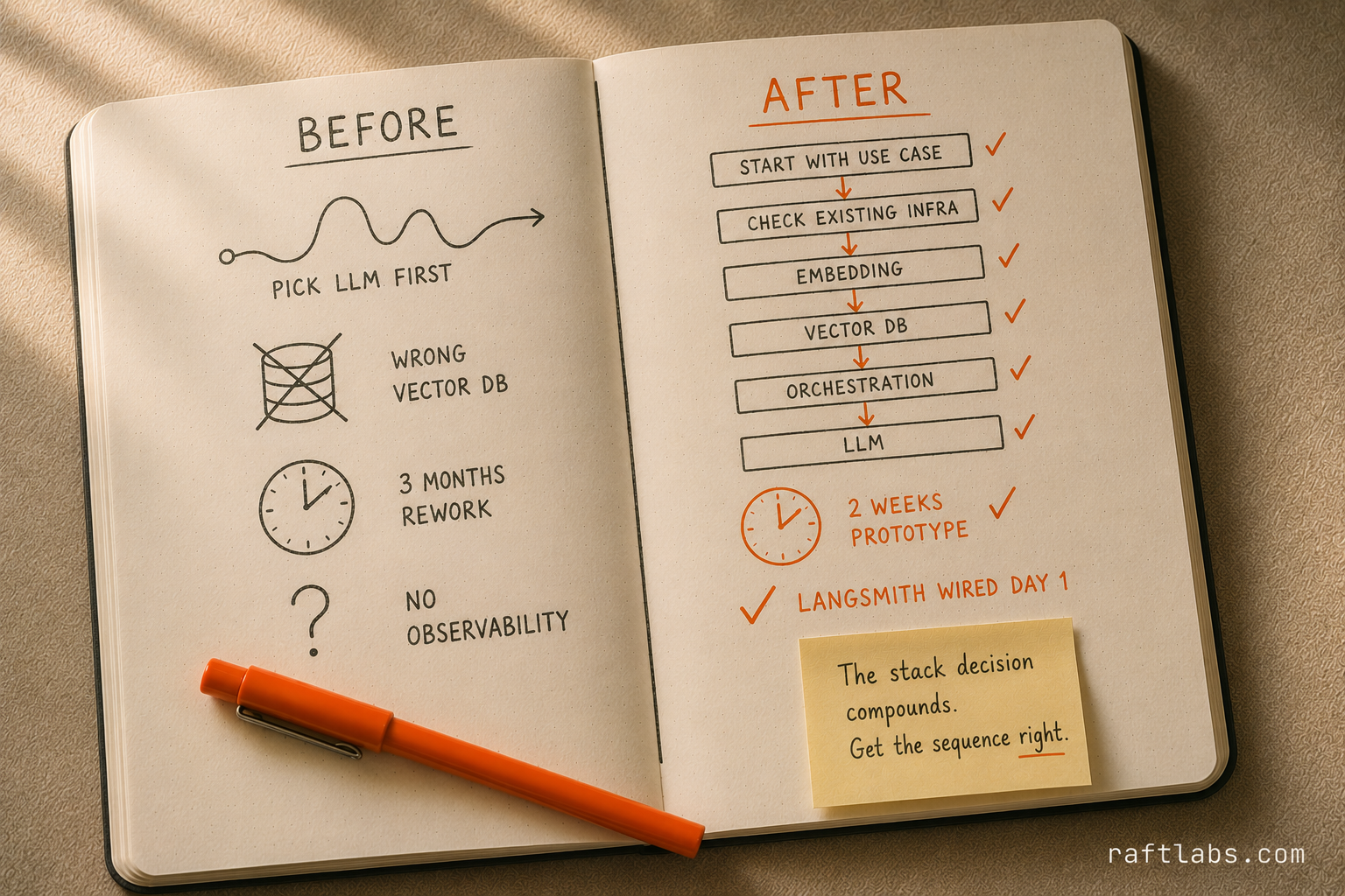 Notebook before/after split showing wrong AI stack decision sequence versus the correct use-case-first approach