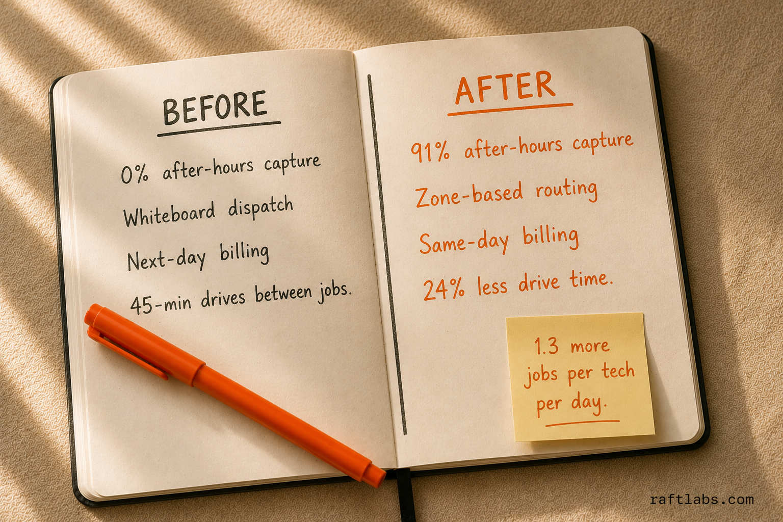 Before and after: HVAC dispatch automation results - 0% to 91% after-hours call capture, 24% drive time reduction, same-day billing