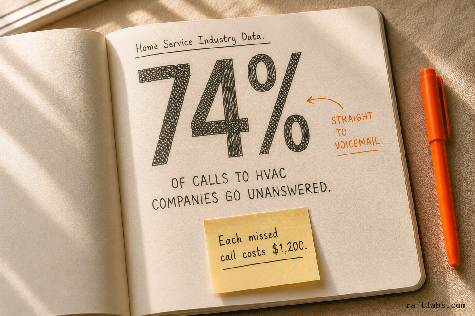 74% of HVAC calls go unanswered - the missed-call revenue drain illustrated in notebook format