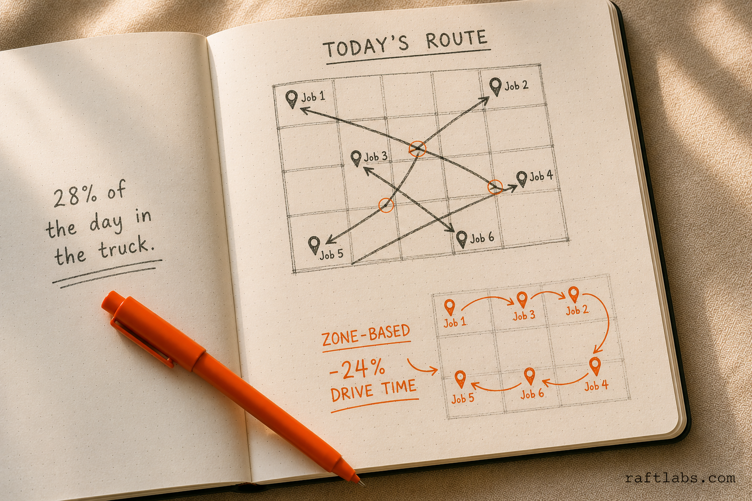 Notebook sketch comparing chaotic ping-pong routing versus zone-based route optimization for HVAC technicians