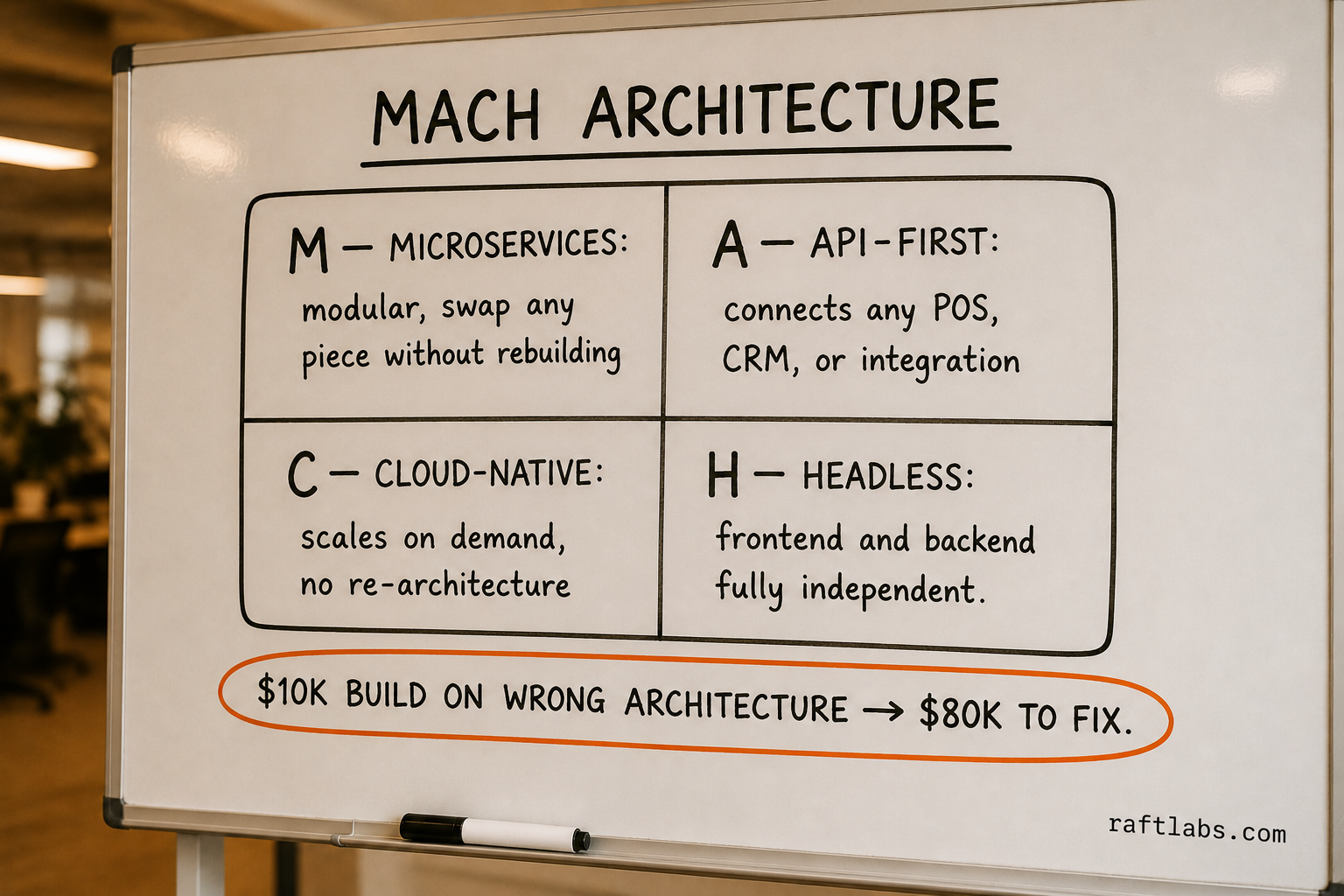 MACH architecture whiteboard: Microservices, API-first, Cloud-native, Headless - the four pillars of a scalable loyalty platform
