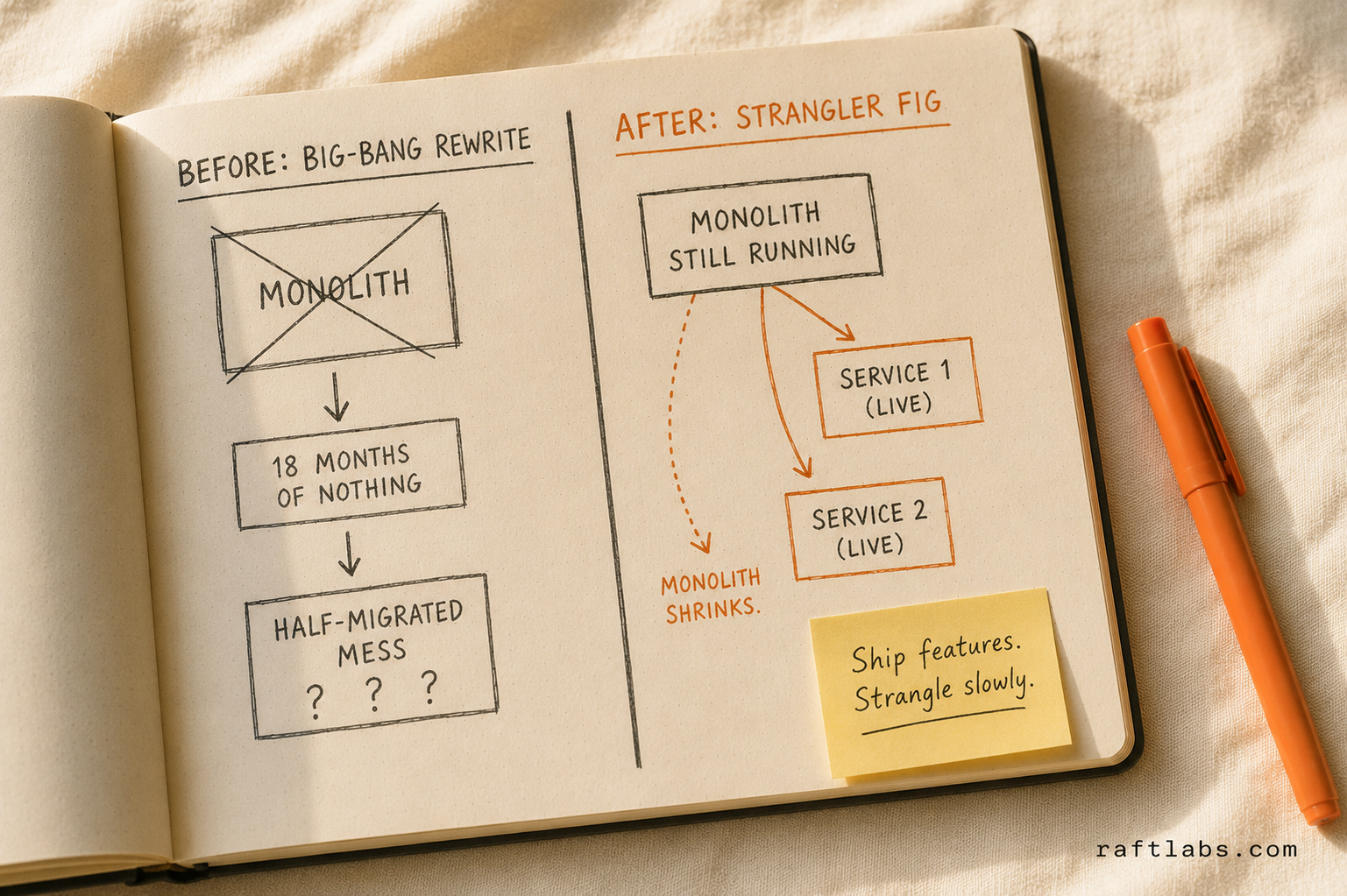 Notebook showing big-bang rewrite disaster on the left vs. Strangler Fig incremental approach on the right