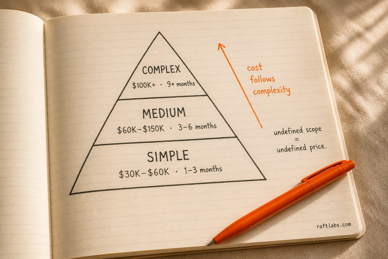 Three-tier diagram showing mobile app cost by complexity: simple, medium, and complex